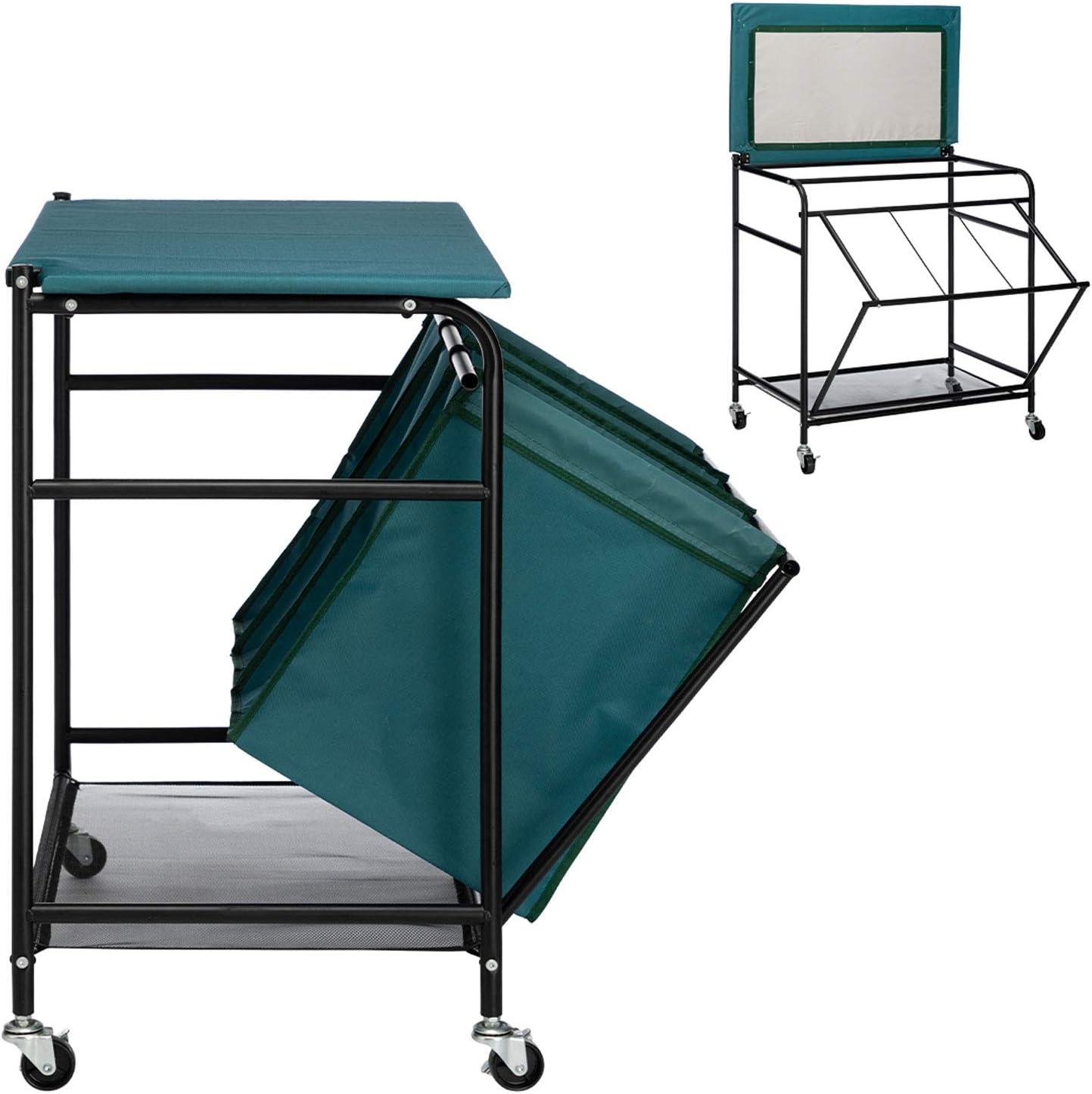 HollyHOME Laundry Sorter Cart with with Side Pull 3-Bag Ironing Board Heavy-Duty 4 Wheels Laundry Hamper Dark Green