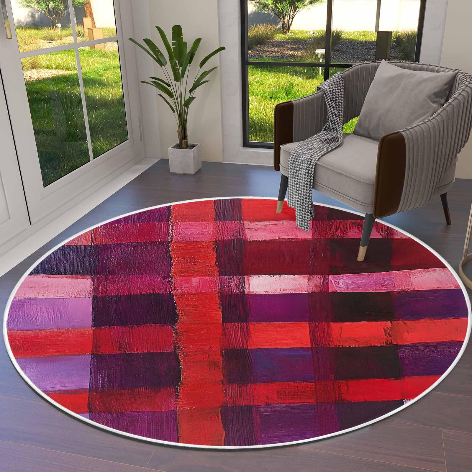 DecorLovee Red Purple Round Area Rugs 4ft - Soft Area Rug for Kids Room, Striped Plaid Modern Abstract Oil Painting Machine Washable Living Room