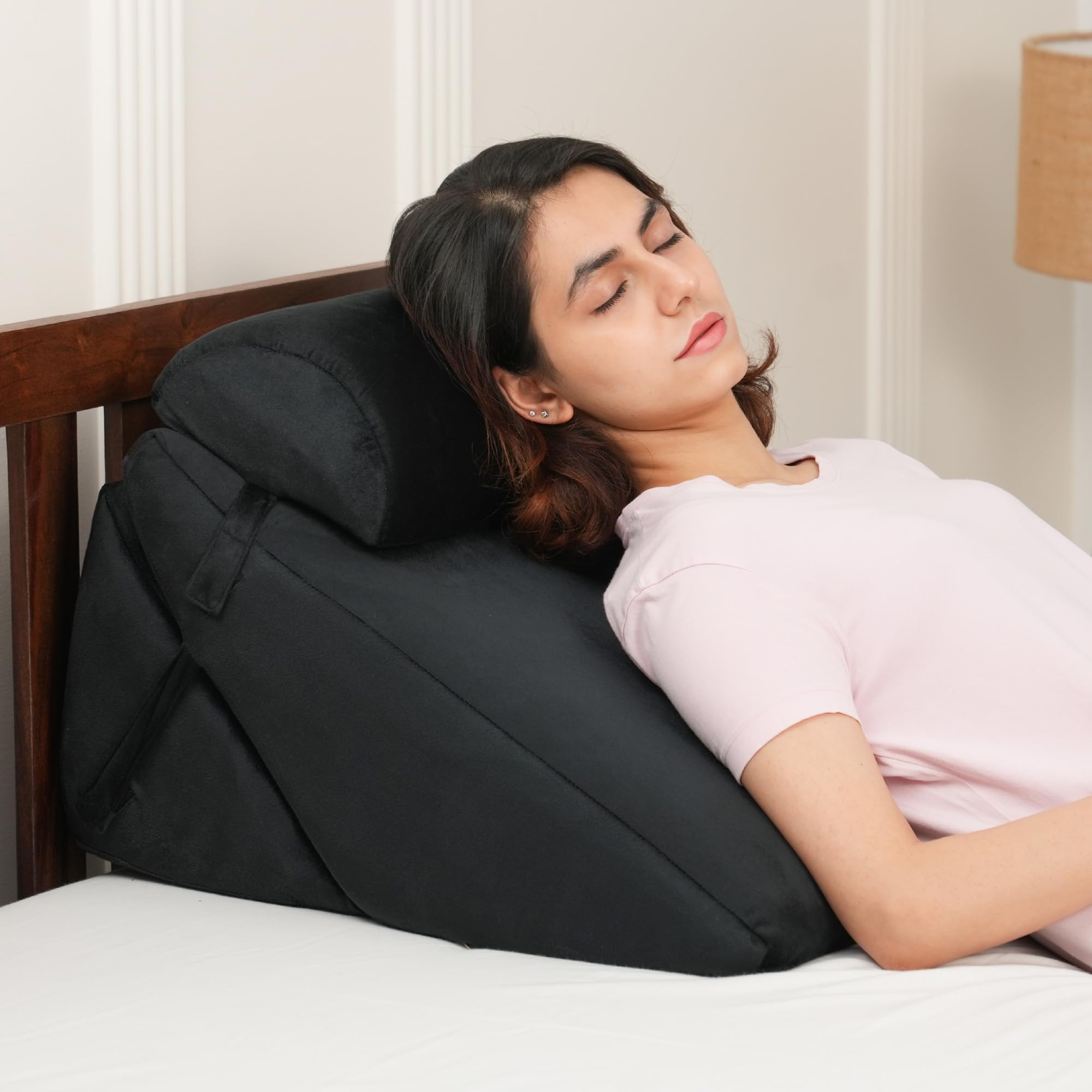 Amazon Basics Adjustable Wedge Pillow with Memory Foam & Head Rest | Multi-Purpose Back & Leg Support Cushion for Bed & Sofa | Soft Removable Washable Cover | Durable Design - Black (38 x 57 x 53 CM)