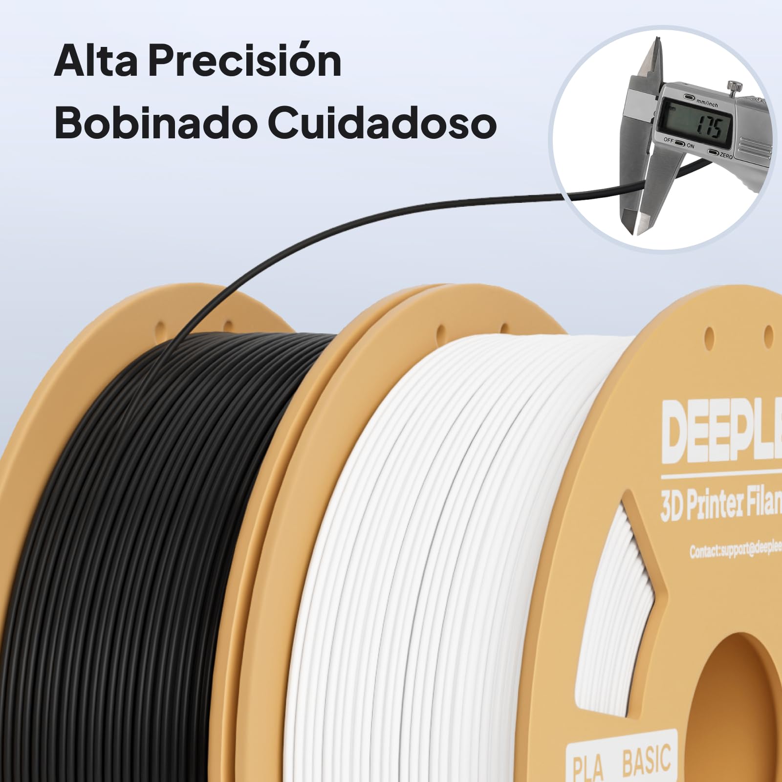 DEEPLEE Filamento PLA Basic 1.75 mm, Pack 4 x 1 kg, 4 colores | Negro, Blanco, Rosa Melocotón y Azul Cielo. Precisión ±0.02 mm, enrollado preciso, fácil de imprimir, compatible con FDM