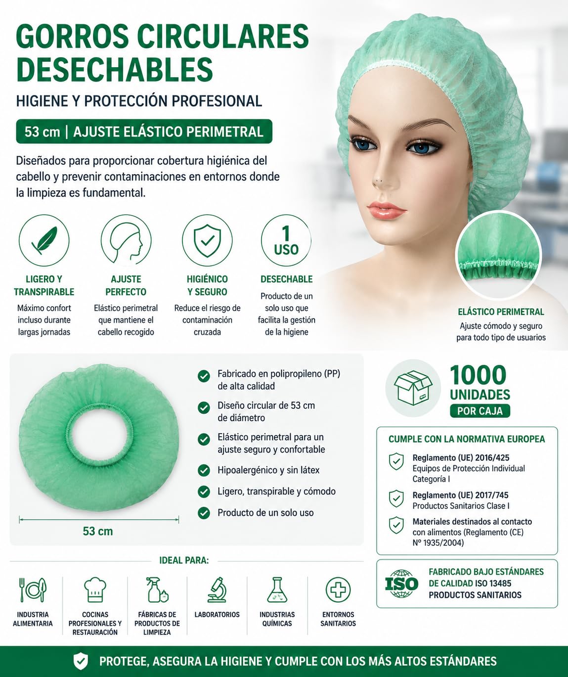 Gorros Circulares Desechables 53 cm de Polipropileno PP | Ajuste Elástico Perimetral | Hipoalergénicos para Industria Alimentaria, Sanitaria y Laboratorios | Caja 1000 Unidades (Verde)