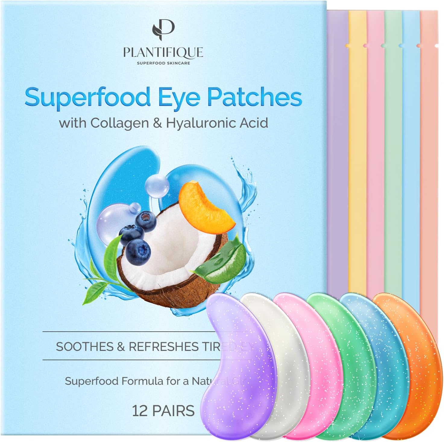 Plantifique Superfood Under Eye Gel Patches – 12 Pairs Hydrating Masks with Hyaluronic Acid & Collagen for Dark Circles & Puffiness – Skincare Gift for Women & Men