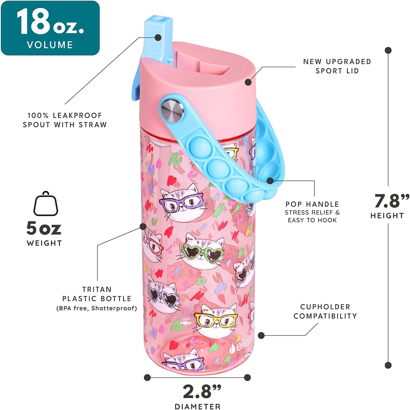Elemental Water Bottles for Kids - Splash Kids Water Bottle for School with Pop-it Handle - BPA Free Tritan Plastic Water Bottle with Straw Leak Proof when Spout is Closed -Stylish Cat - 18oz - Image 2