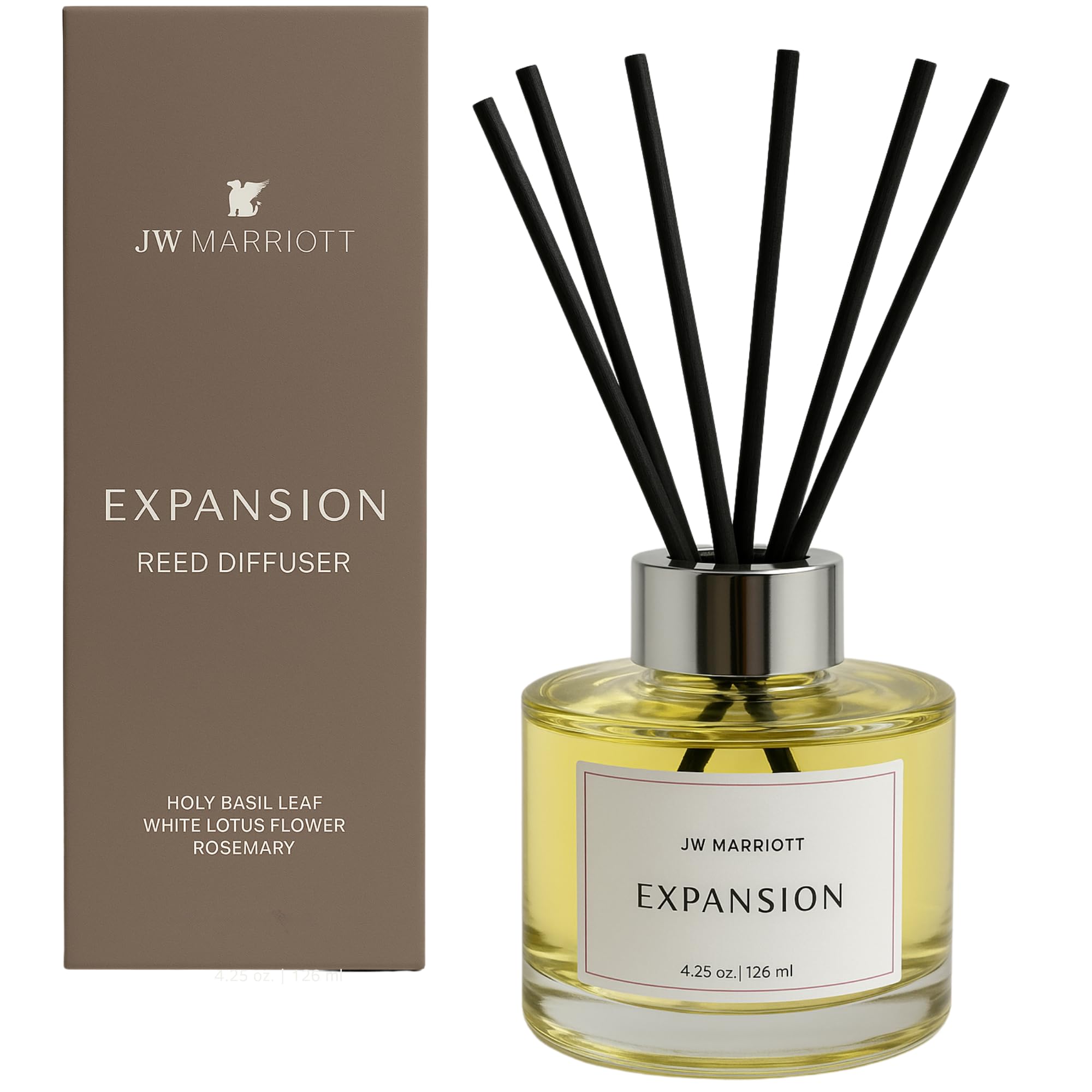 JW Marriott Expansion Reed Diffuser - Luxury Hotel Fragrance Collection - Holy Basil Leaf, White Lotus Flower, and Rosemary - 6 Black Reeds - 4.25 oz.