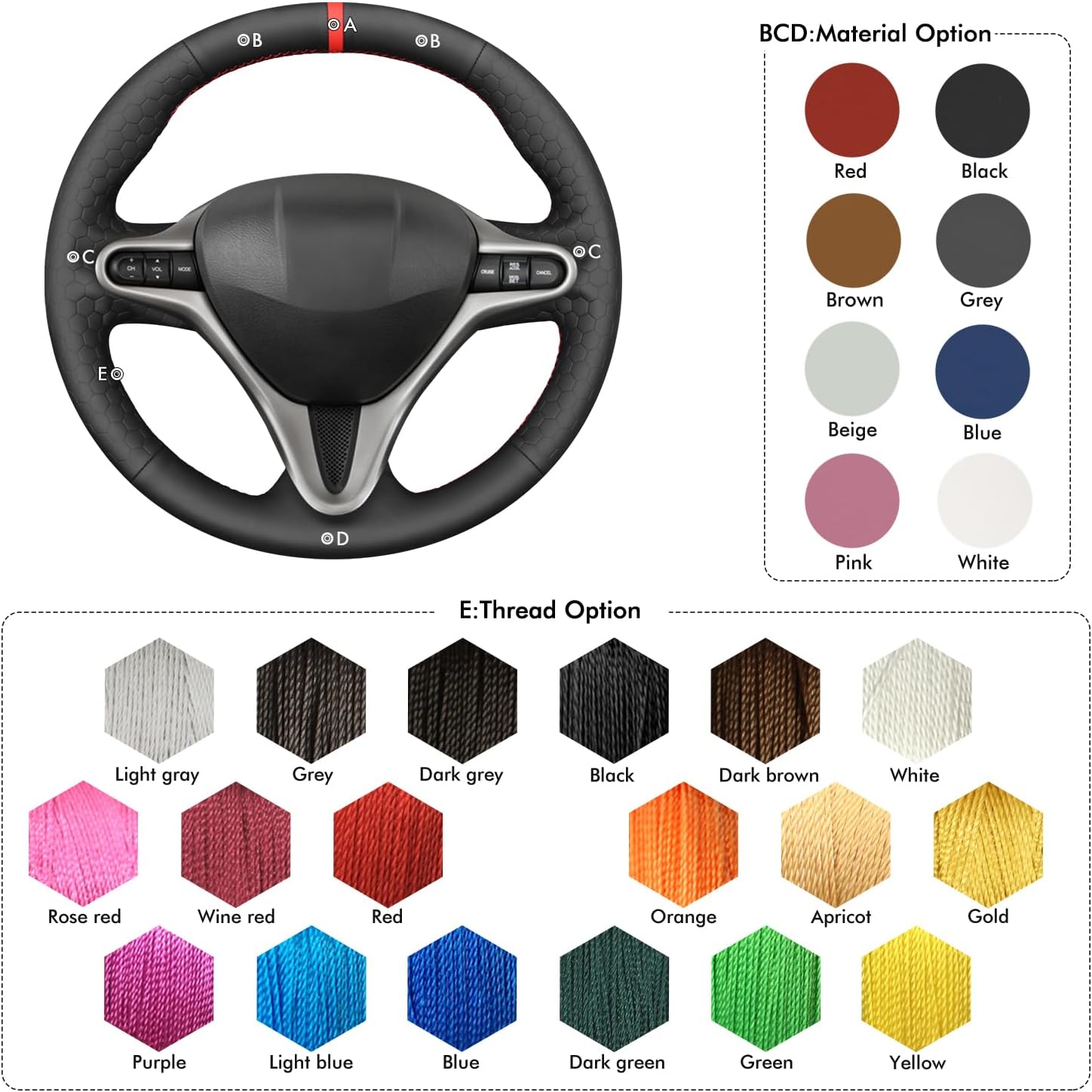 MEWANT Car Steering Wheel Cover for Honda Civic 8 2006-2011 Hand-Stitched Hive Leather Car Steering Wrap