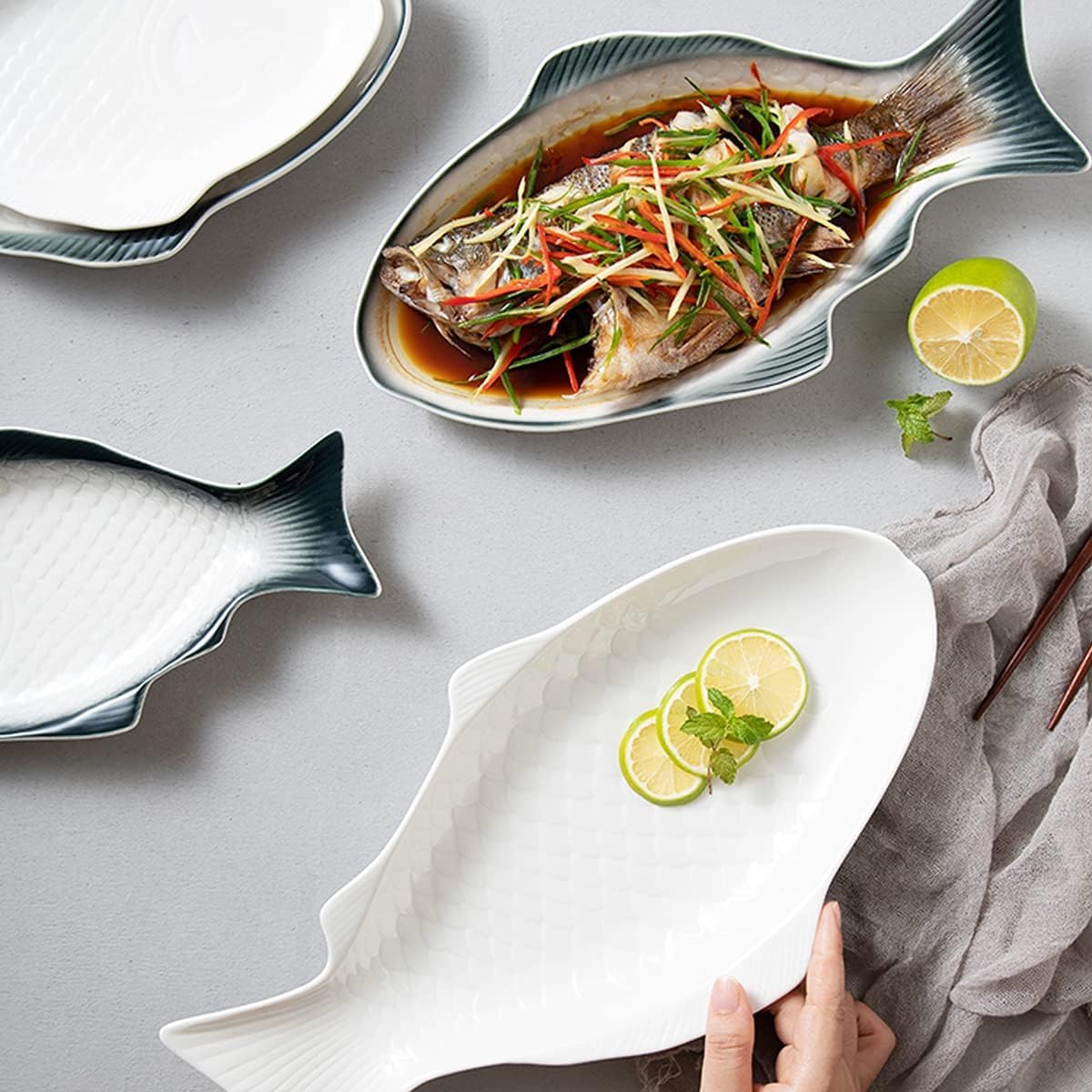 Platos for la cena, plato for servir pescado de 11 pulgadas, plato con forma de pescado, plato de pescado, bandeja de comida de cerámica, platos llanos, bandejas for servir de porcelana for aperitivos