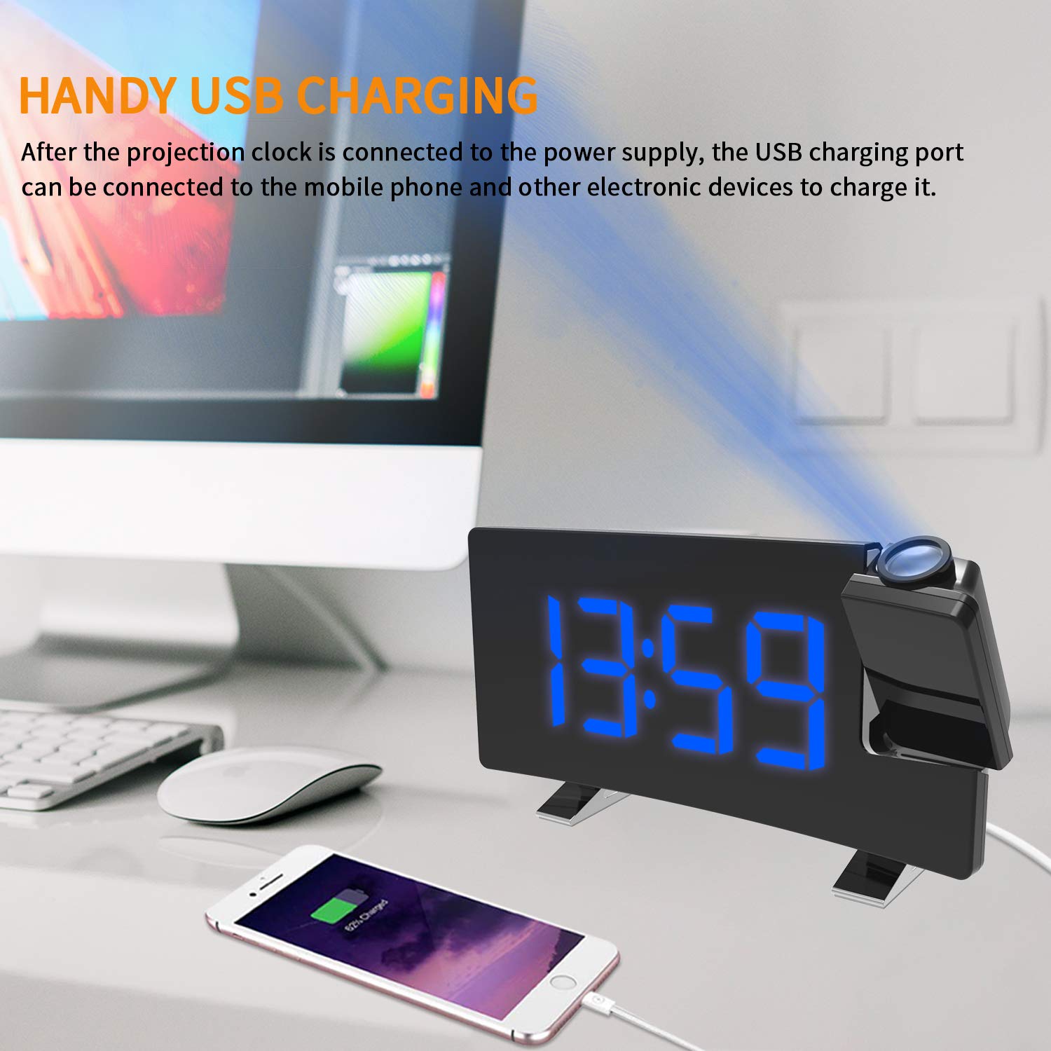 Sveglia con Proiettore Radiosveglia Sveglia Digitale da Comodino, Multifunzionale con Fm Radio 12/24H Display LED a 180°, 3 Livelli di Luminosità, 2 Allarmi e Uscita USB di Ricarica (Blu)