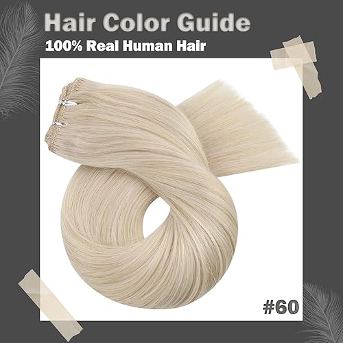 Miniatura 8 de Moresoo - Extensiones de cabello humano Remy de doble trama, color rubio 60, mechones de trama, extensiones cosidas, color rubio platino, 3.53 onzas