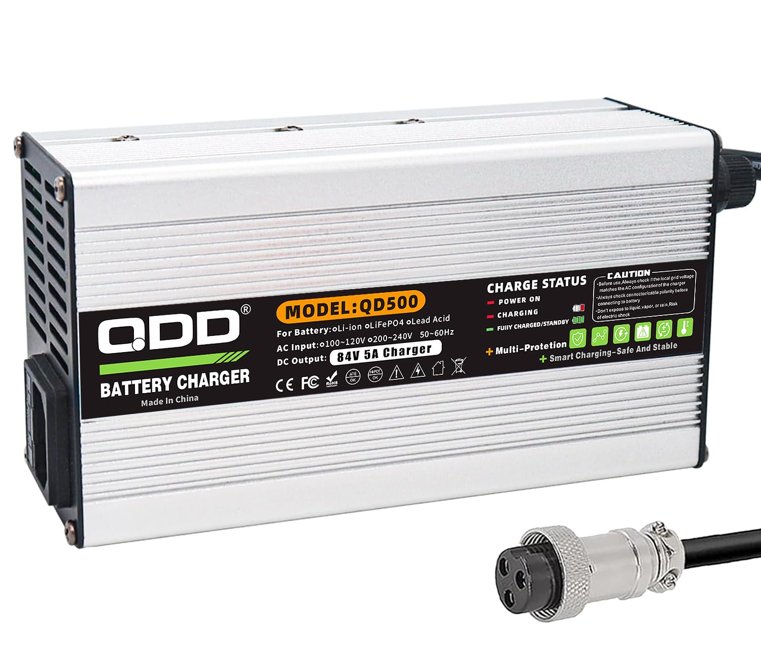 QDD Chargeur de batterie 84 V 5 A sûr et efficace, adapté pour les batteries au lithium 20S 72 V, avec ventilateur de refroidissement (GX16 1 + 3 connecteurs)