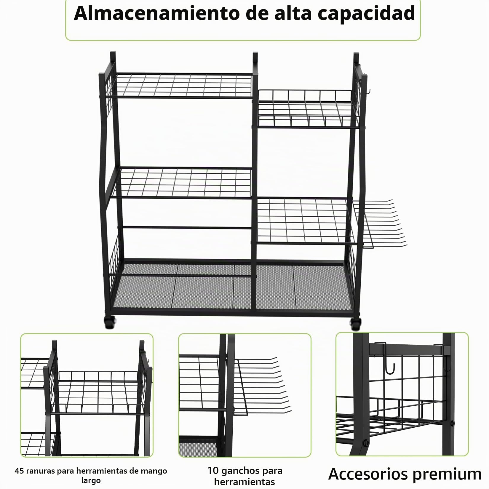unho Estantería para Herramientas de Jardín con Ruedas - Estantería de Almacenamiento de 3 Niveles para Garaje con 45 Ranuras para Mangos y 30 Ganchos, para Garage, Taller y Exterior
