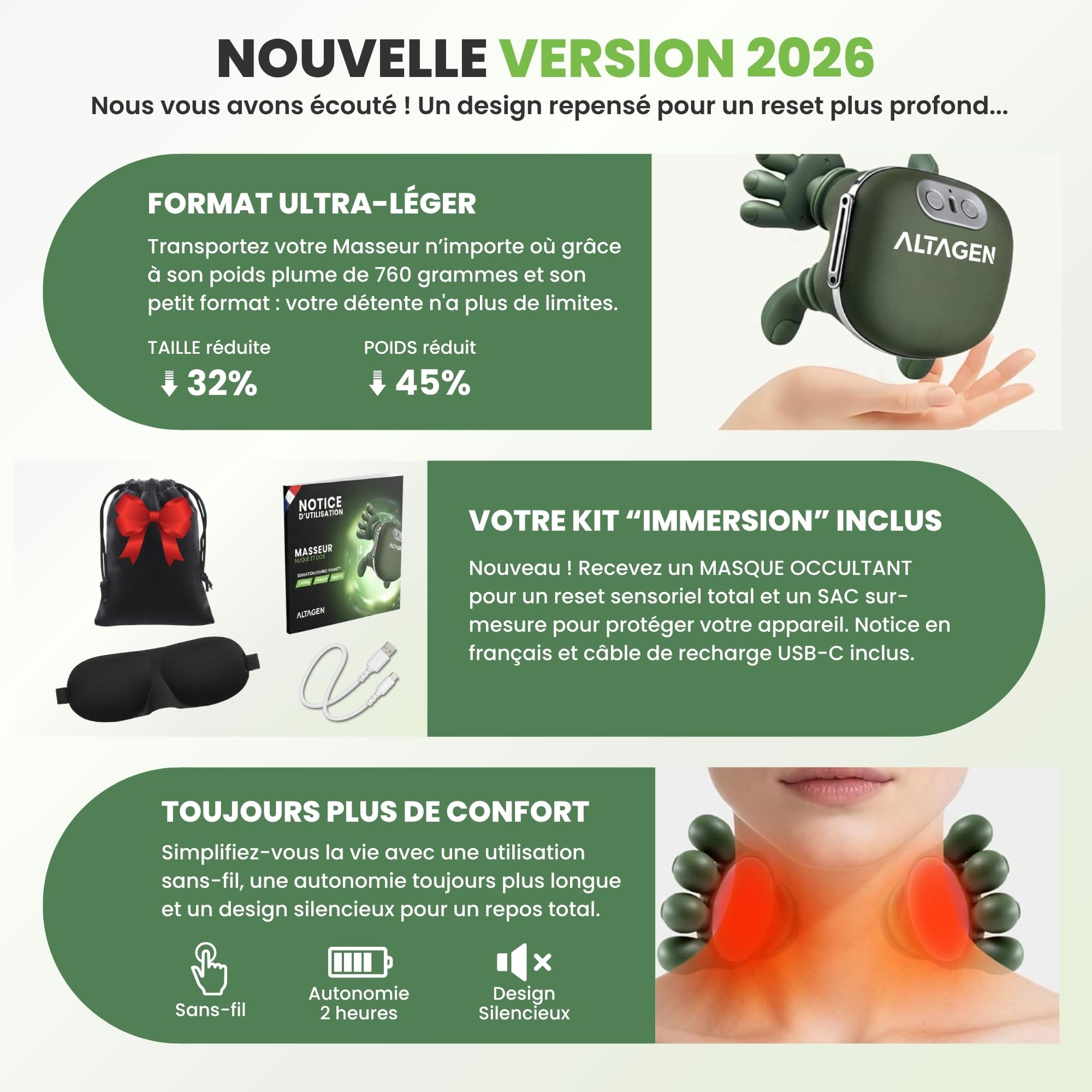 Masseur Cervical ALTAGEN® Main Massante Nuque, Masseur de Cou Chauffant