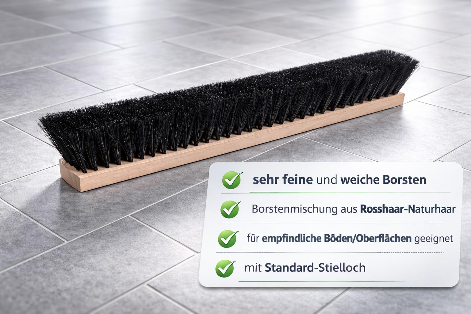 BawiTec Rosshaarbesen mit Stielloch Feine Weiche Naturhaar-Borsten Mischung 60cm Breit XL für Standardstiele Kehrbesen Saalbesen Sattel-Holz ohne Stiel für Glatte Böden Parkett Feinsteinzeug