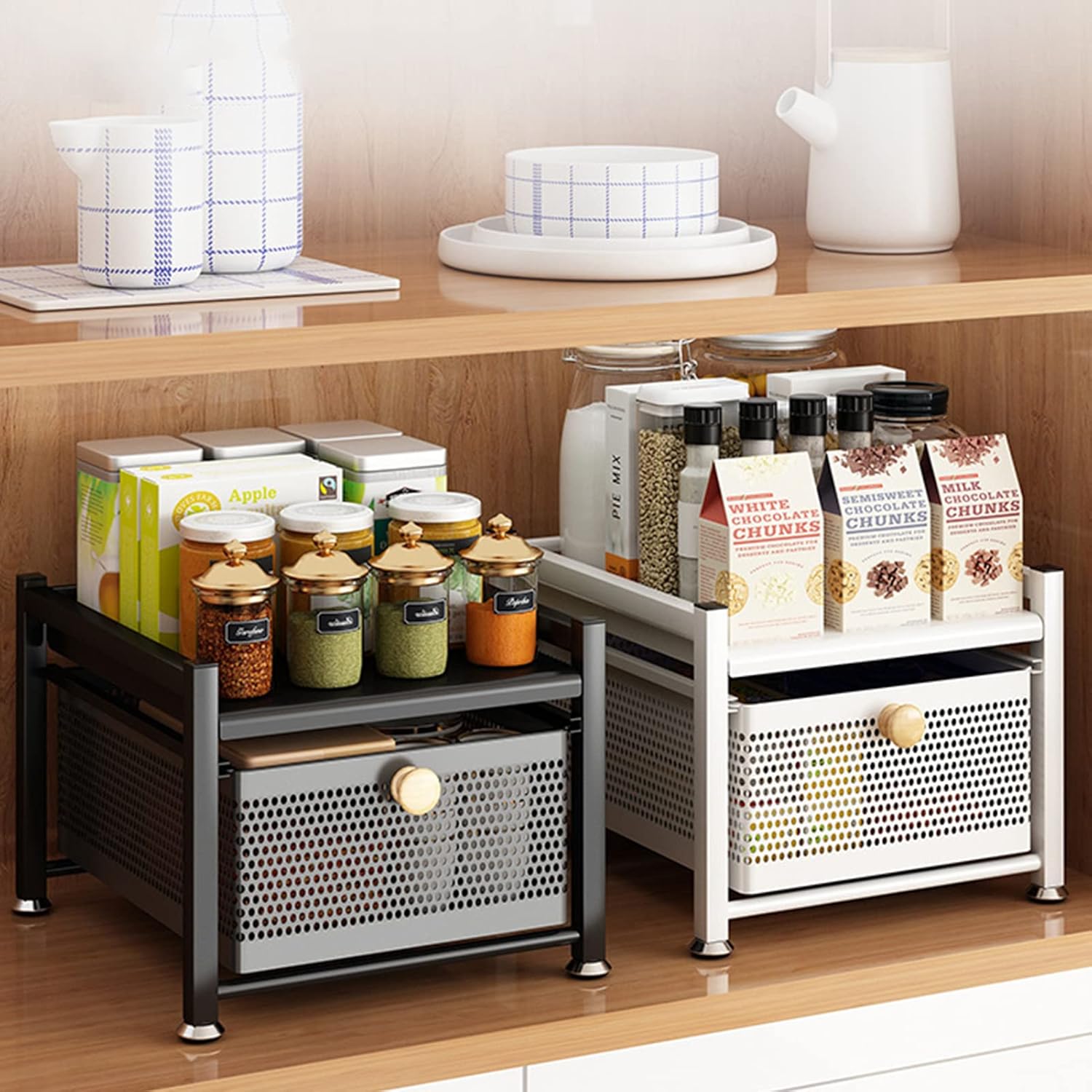 Drawer Pull-Out Storage Rack, Under Sink Countertop Cabinet Bathroom Kitchen Storage Organization, Fashion Simple Breathable Non-Slip Drain Rack(Size:5 Layers,Color:Widen White) (Black 4 layers)