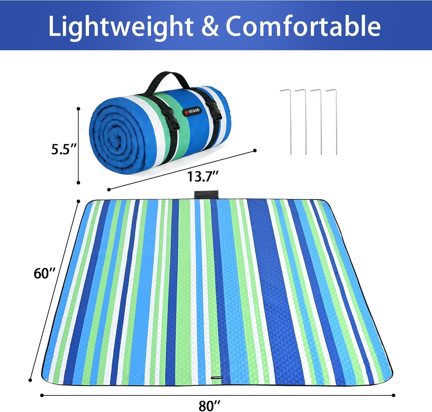 HX&OD Couverture de pique-nique d'extérieur extra large, tapis de pique-nique imperméable avec piquets, couverture de camping pliable et portable avec sangle de transport pour tapis de plage (bleu,