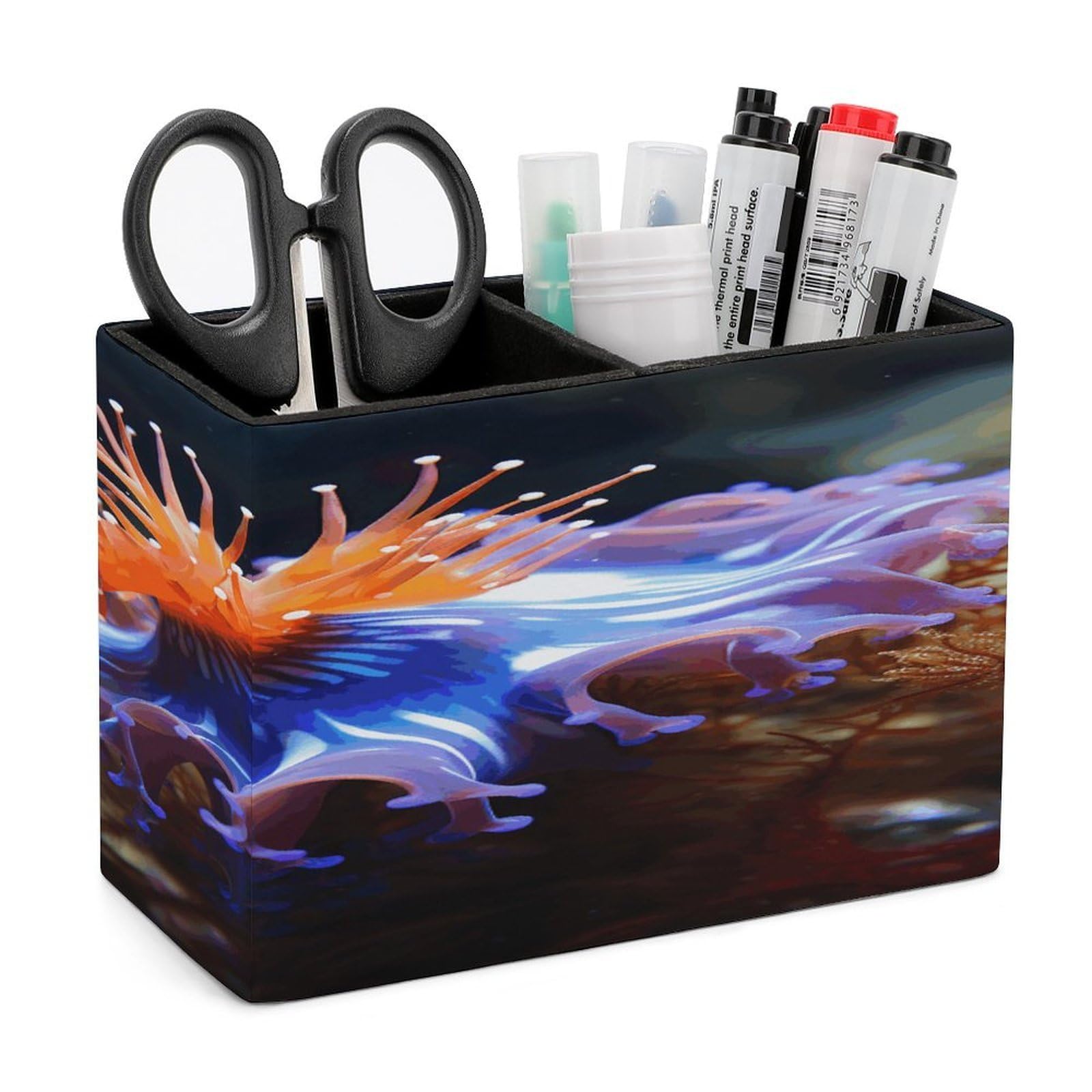 FekiLoot PU Leather Nudibranch Pen Holder for Desk 2 Compartments Desktop Stationary Organizer Rectangle Table Pencil Cup Stand Desktop Stationery Organizer Case for Office Home