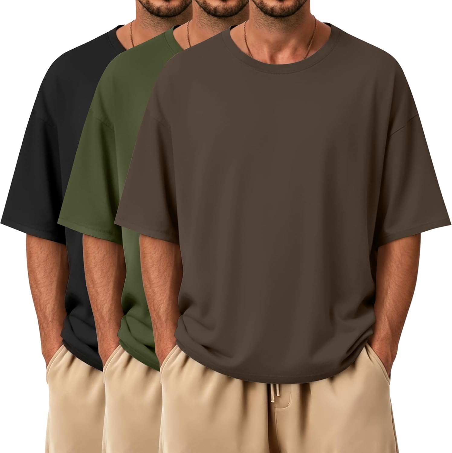 3 Pack Men's Oversized T-Shirts Short Sleeve Crew Neck Loose Fit Shirts Athletic Drop Shoulder Workout Basic Tees