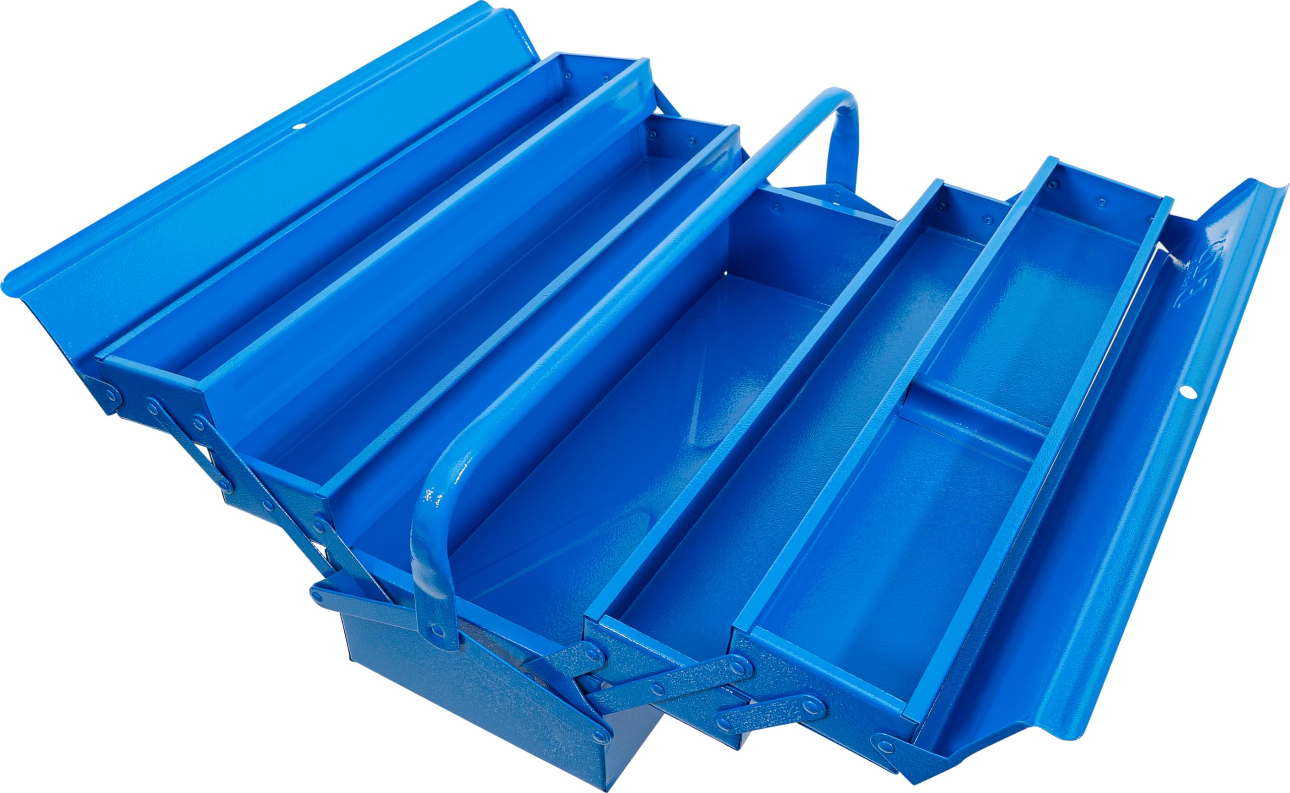 BGS 33002 | Metall-Werkzeugkasten | leer | 530 x 200 x 200 mm | 5 Fächer | Stahlblech | hammerschlagblau lackiert | umlegbarer Tragebügel | automatische Schließfunktion