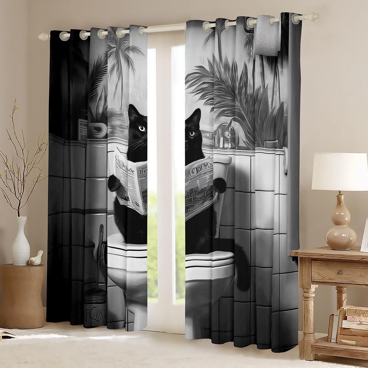 Feelyou Black and White Curtains for Bedroom Living Room Funny Black Cat Blackout Shades Kawaii Room Darkening Curtain Cute Animal Window Treatments, 2 Panels 38 x 45 Inch Cartoon Decor image 2
