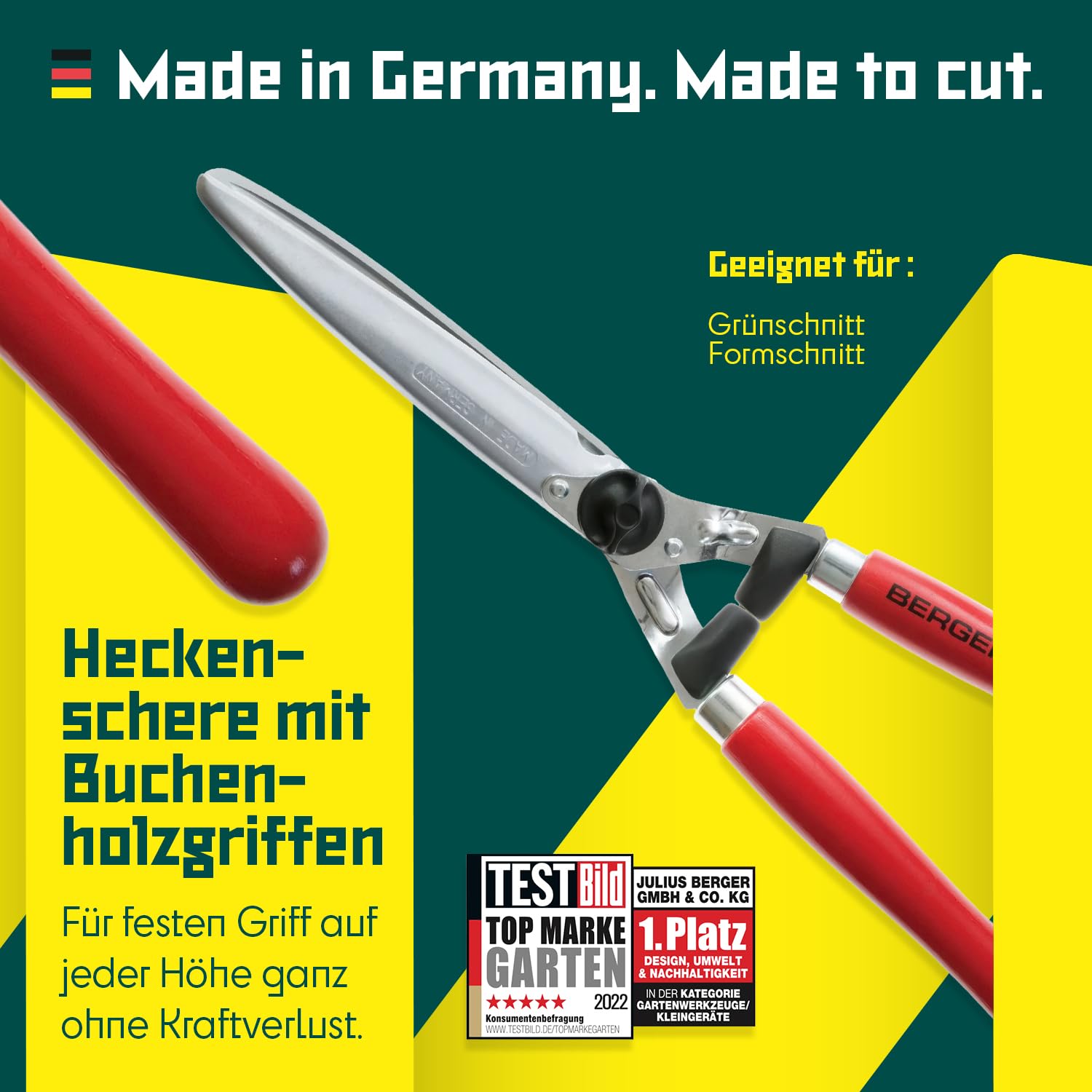 BERGER Heckenschere 4490 mit Buchenholzgriffen | Heckenschere manuell mit 24 cm Schnittlänge | Gerade Klingen & Anschlagdämpfer | Handheckenschere mit 2 Saftrillen | Astabschneider | Made in Germany