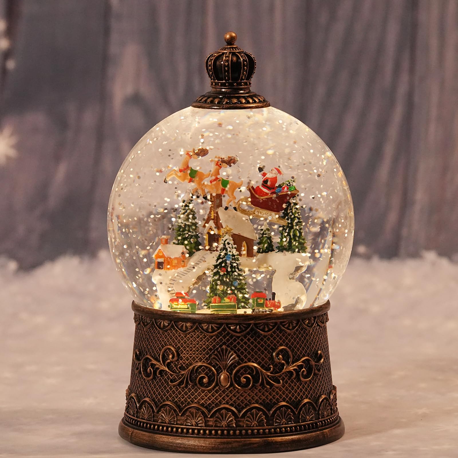 Boule à neige de Noël avec élan, boules à neige lumineuses avec minuterie, lanterne musicale scintillante pour décoration (élan du train de neige)
