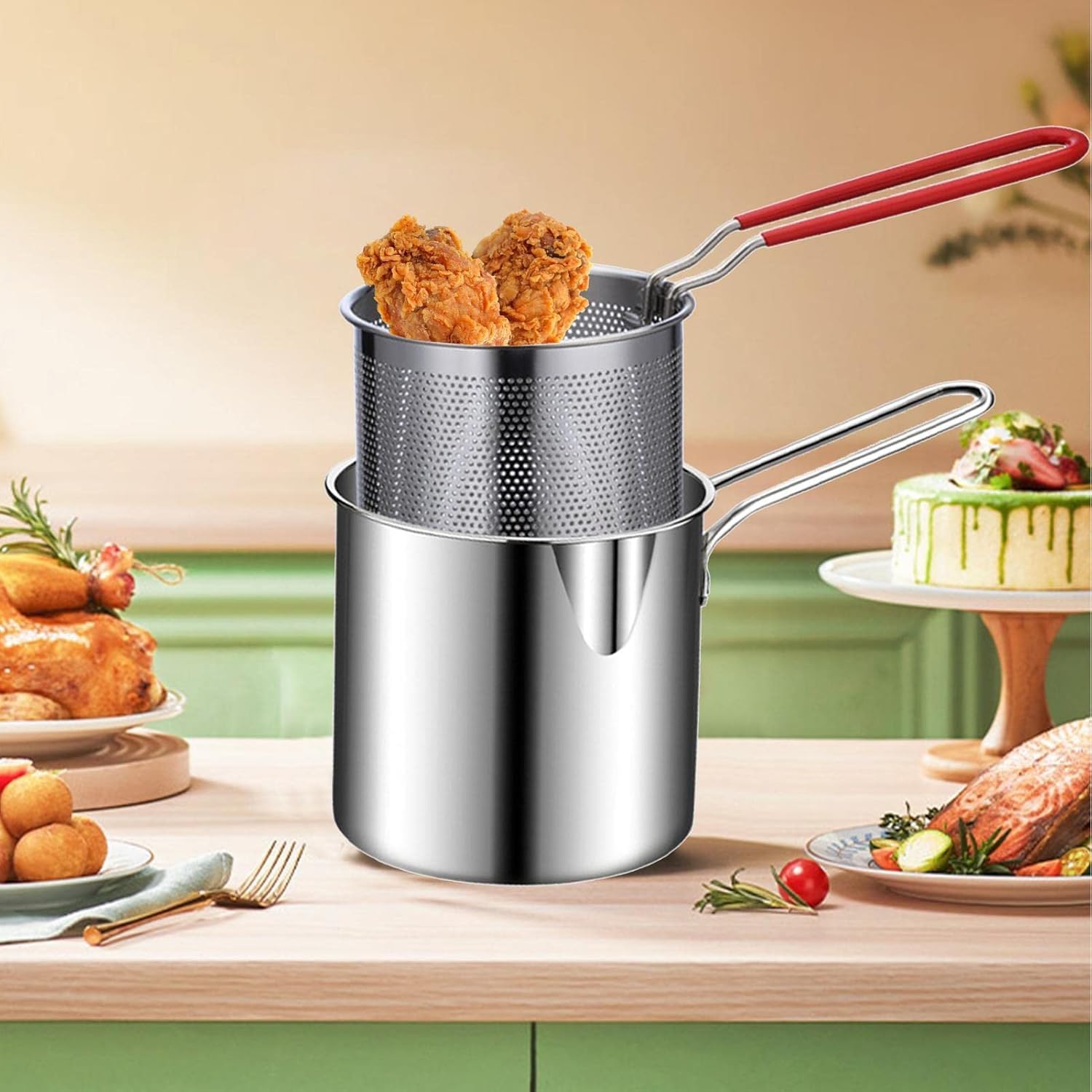Black Sparrow Stainless Steel Deep Frying Pot with Basket, 1200ml Capacity, Long Handle Mini Deep Oil Fryer For French Fries/Shrimp/Fish/Chicken Wings-1PCS-image-35