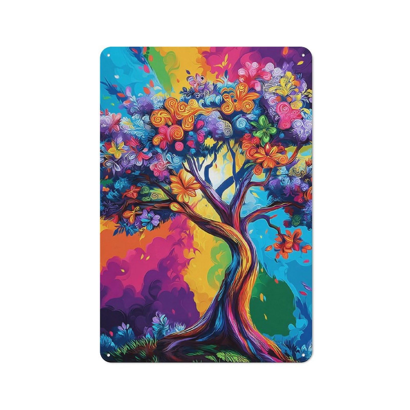 Junmoney Colorful Fantasy Tree Artwork 30X20cm Retro Tin Sign With For Living Room Or Hallway, A Decorative Metal Sign For Living Rooms And Hallways