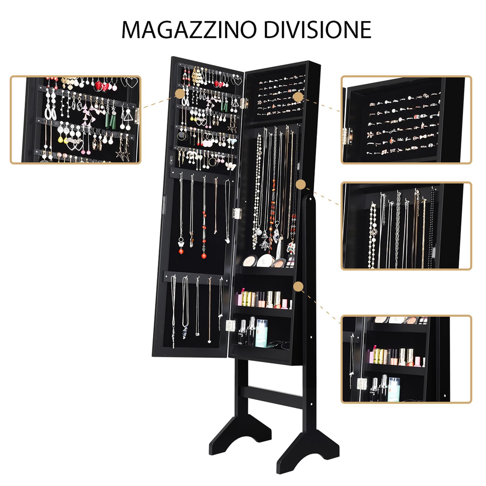 COSTWAY Armadio per Gioielli, Armadietto Portagioie con Specchio a Figura Intera, Organizer Spazioso per Gioielli, per Camera da Letto e Salotto, 35,5 x 33 x 153 cm (Nero)