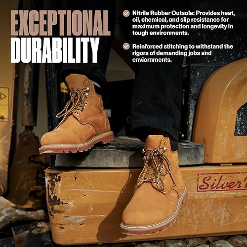 Miniatura 9 de Botas de trabajo para hombre con puntera suave, botas de cuero de 6 pulgadas para construcción, suela de goma, botas de trabajo para hombre, botas