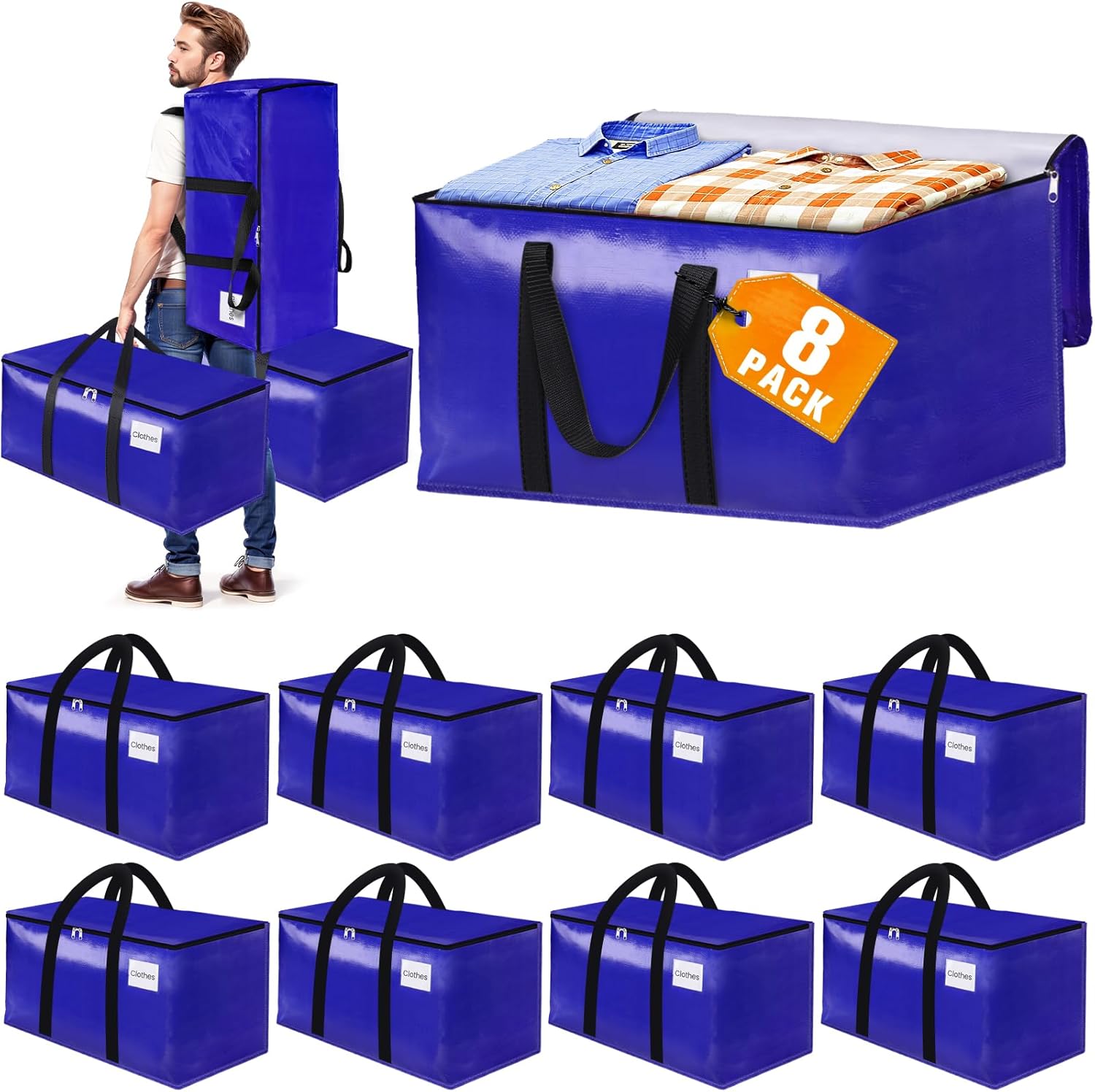8-Pack Moving Bags with Backpack Straps & Carry Handles, 30 Gallons-125 L Heavy Duty Storage Totes for Space Saving, Foldable Storage Bags for College Dorm, Travel, Camping (Blue)