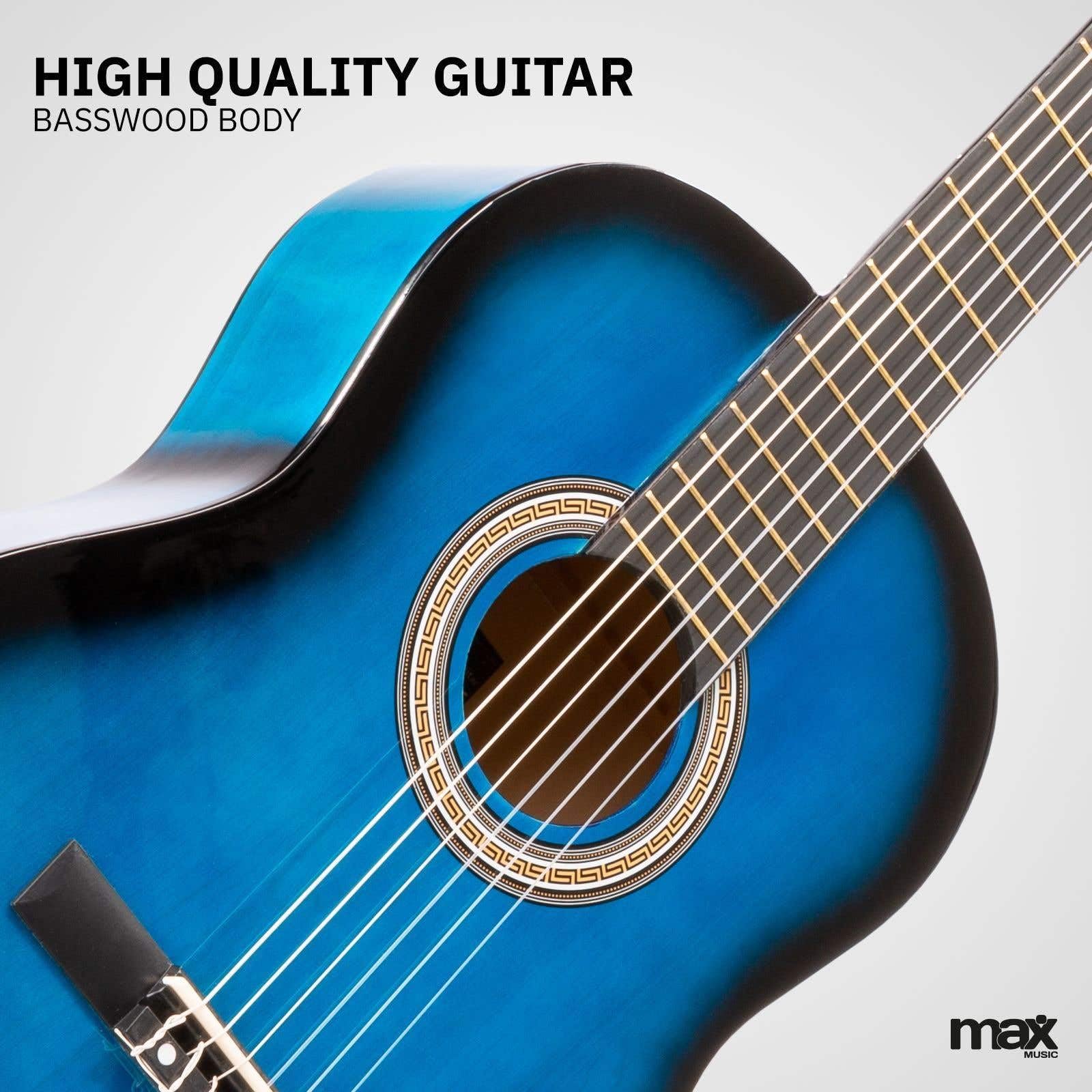 MAX SoloArt Konzertgitarre 4/4, Akustik Gitarre für Anfänger mit Tasche, Gitarrenständer, Stimmgerät, Plektrum, Gurt und Zubehör, Acoustic Guitar, Akustikgitarre in Blau