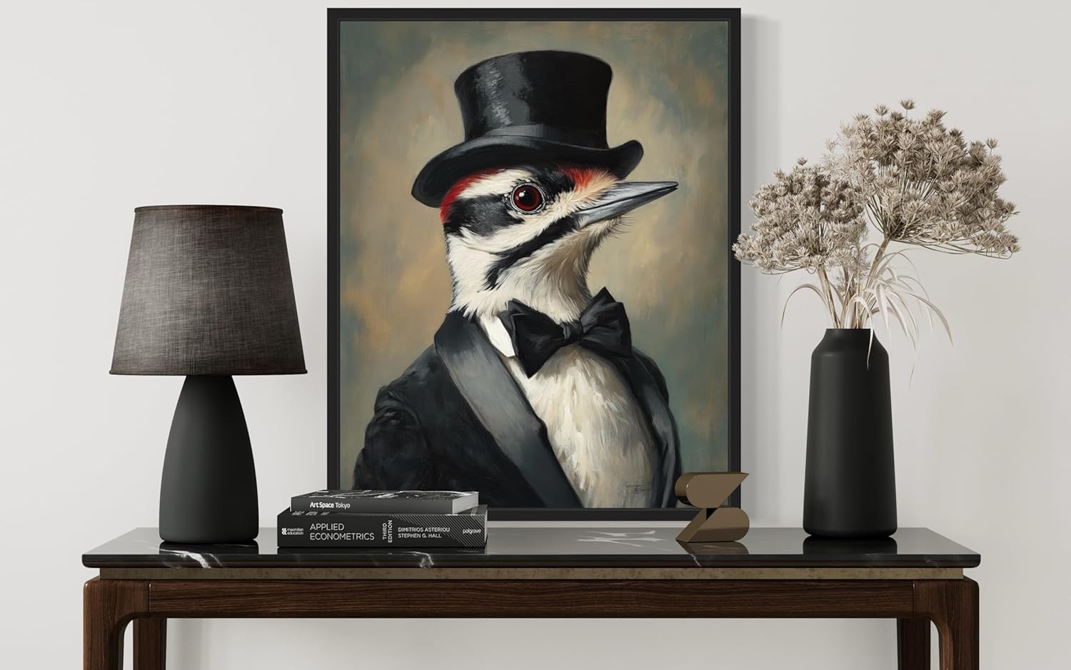Downy Woodpecker in Tuxedo Poster Art Print, Bird Portraits Humor Wildlife Artwork Wall Art for Bedroom, Living Room Decor Prints Gallery 138 (Downy Woodpecker, 16 x 20 inches, Black Frame)