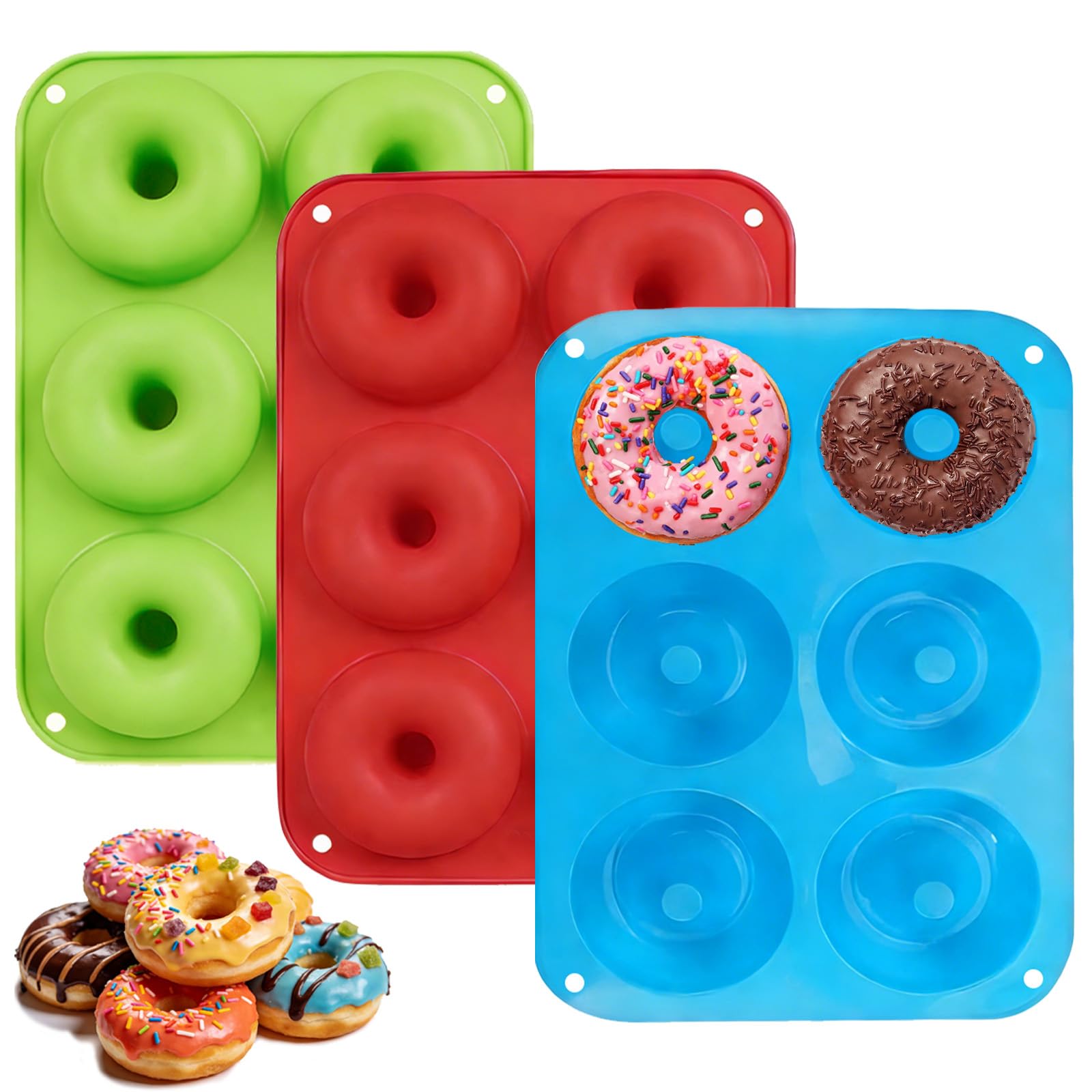 Duzapku 3 Pack Silicone Donut Moulds, 6 Cavity Non-Stick Doughnut Baking Mould, Donut Pan, Doughnut Tray, Baking Tray for Donuts Bagels Muffins(Red, Blue, Green)