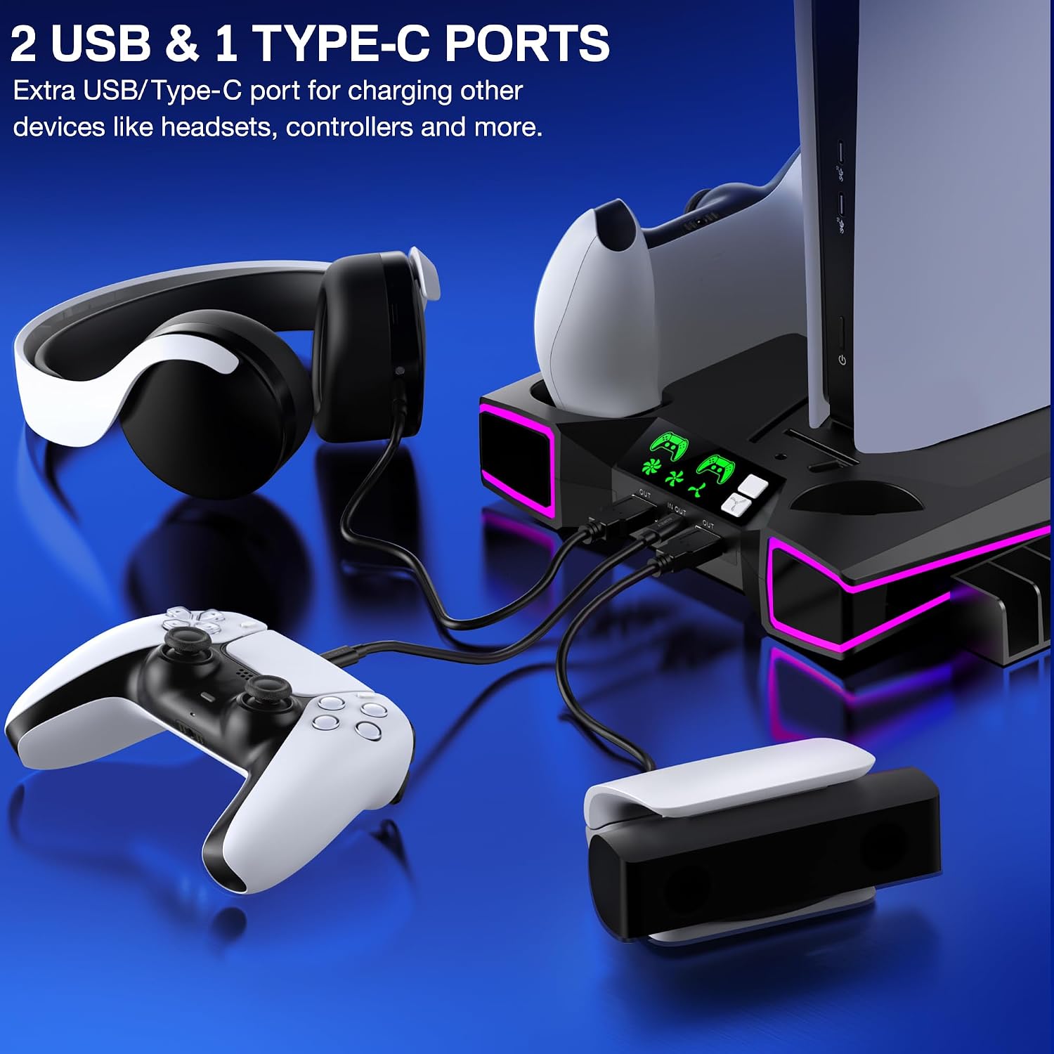 PS5 Stand, PS5/PS5 Slim Cooling Station with 3-Level Cooling Fan, Controller Charger Station for PS5 Accessories, Light, Headset Holder, 3 Charger Ports for PlayStation 5 Slim Console, Black image 4