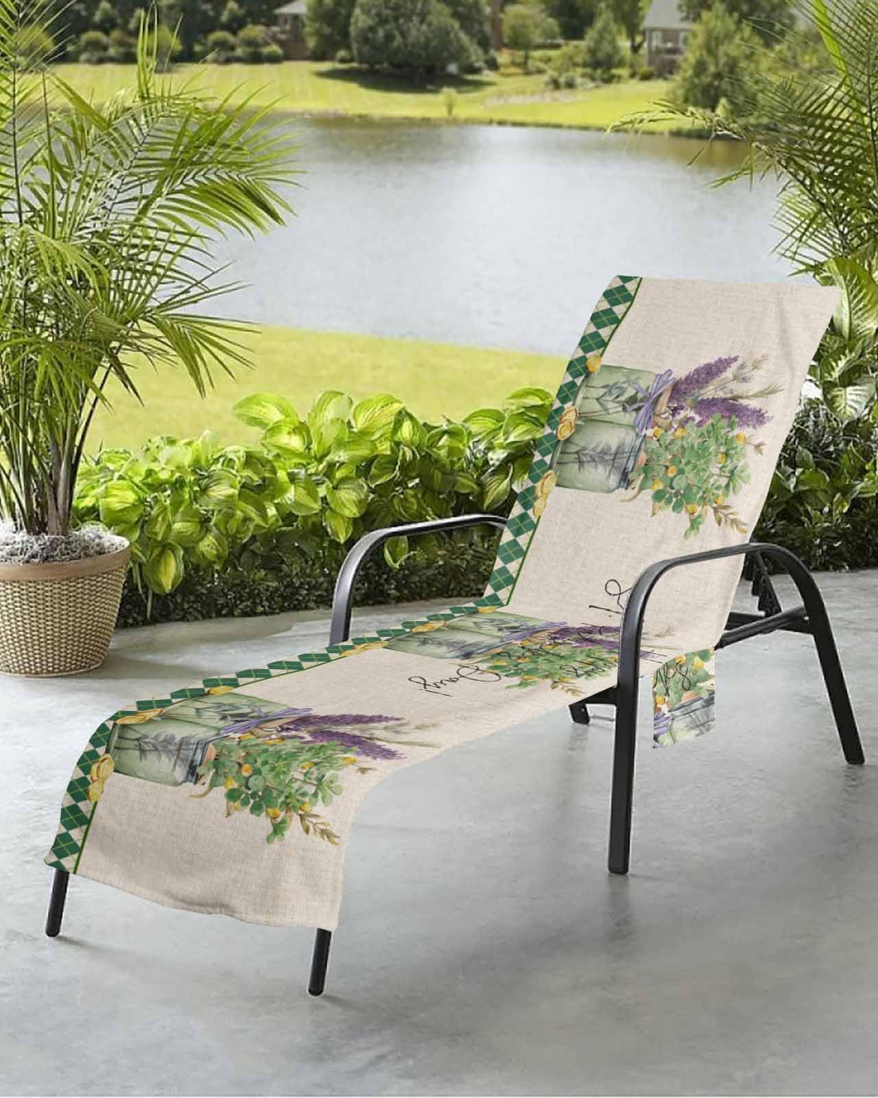 St. Patrick's Day Beach Chair Towel Covers for Chaise Lounge with Side Pocket, Soft Plush Pool Towels Cover for Patio Sunbathing Outdoor 29''x85'' Retro Vase Lavender Eucalyptus Flower Plaid