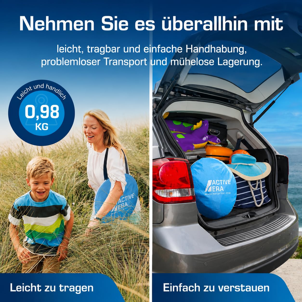 Active Era Pop Up Strandmuschel mit UV Schutz, UPF 50+ Strandzelt, Windschutz Strand, Zelt für 2-3 Personen inkl. Tragetasche und Heringe - Blau