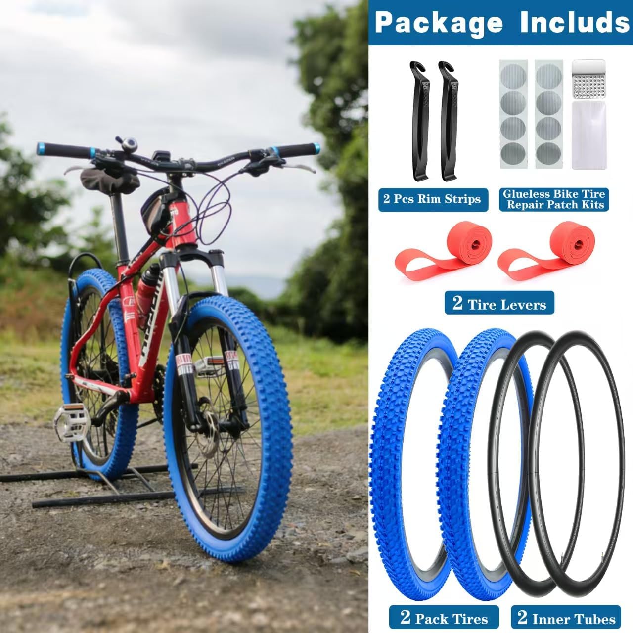 SIMEIQI Color Tires 24"x1.95" 26"x1.95" 2 Pack 24/26 Bike Tires and Tubes Blue or Red with AV 32mm Valves Bicycle Tires MBT Bike Tires for Mountain Bicycles Bikes Rural City Urban Roads