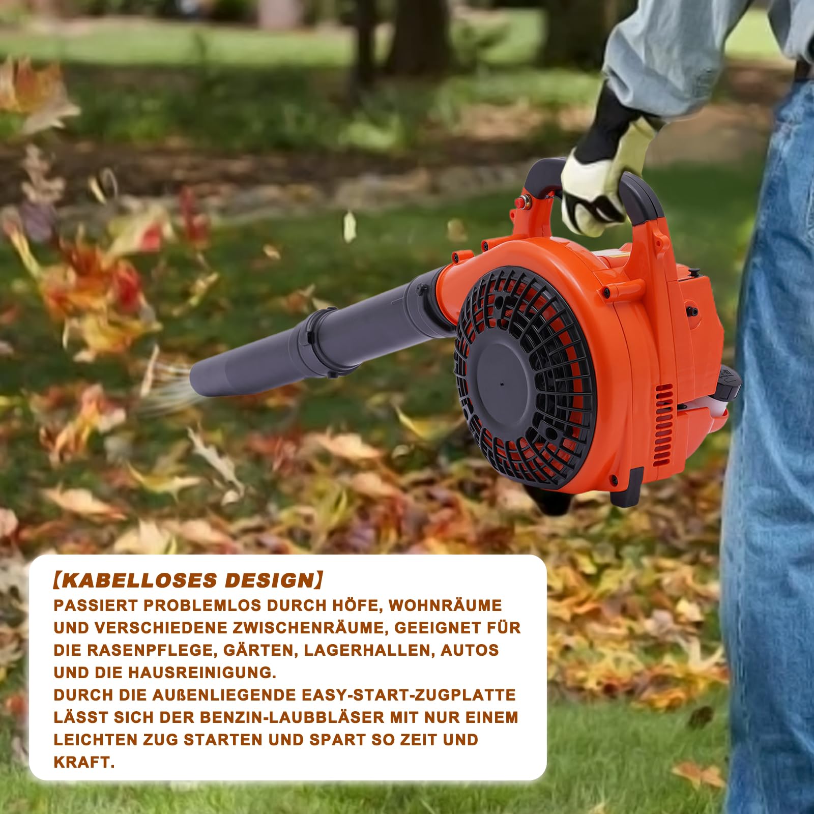 Handheld Benzin Laubbläser, Kabelloser Laubsauger Laubbläser, 26cc Blasgerät Bläser, 380 CFM Garten Gebläse, 2-Takt Luftgekühlter Motor Tragbar Motorbläser für Laub, Terrassen, Gärten