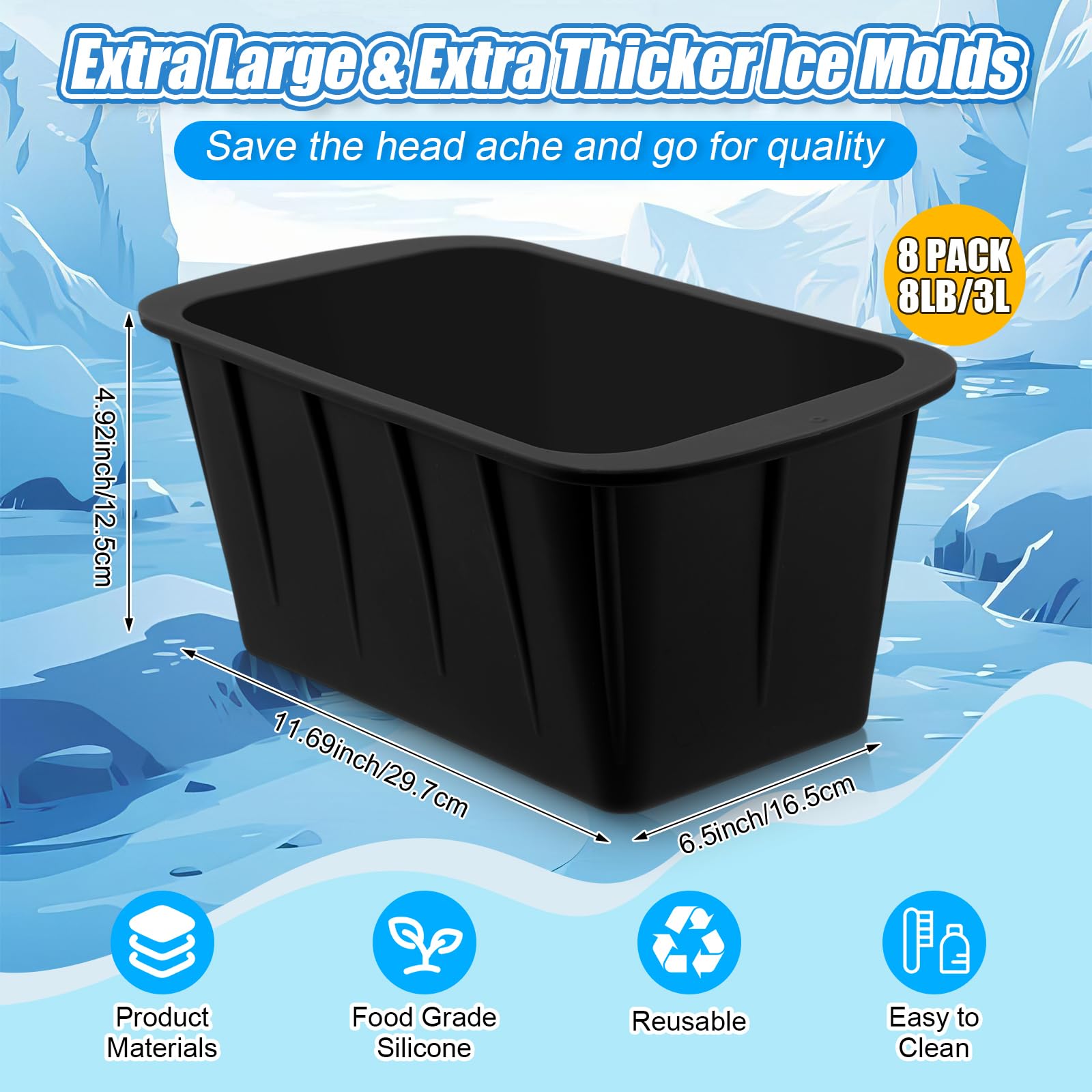 Tioncy Extra große Eisblockformen, 3,6 kg, wiederverwendbare Eisformen, riesige Silikon-Eiswürfelform für Eisbäder, Kühler, Tauchzubehör, Schwarz, 8 Stück