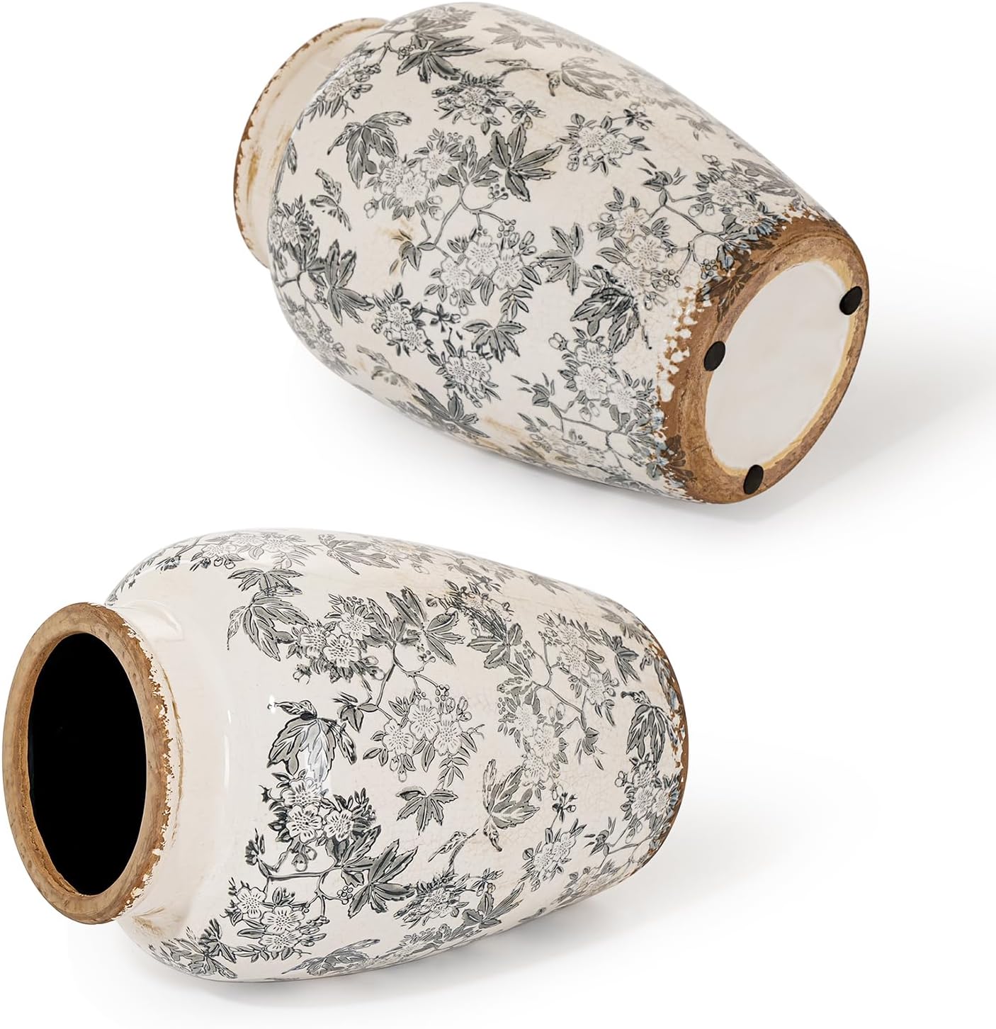 Sungmor Ceramic Flower Vase, Vintage Ice Cracked Glaze Porcelain Vase, Pretty Home Decor Vase for Flower Arrangement, Fresh Flowers, 10.2 Inch Tall Chinoiserie Pottery Vase, Gray Floral Pattern - Image 5