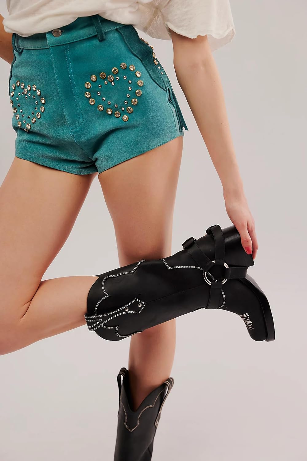 Yishaweiqi Women's Studds Biker Boots Chunky Heel Square Toe Knee High Boots Fall Dress Riding Boots Motorcycle Boots Side Zipper Western Boots - Image 3