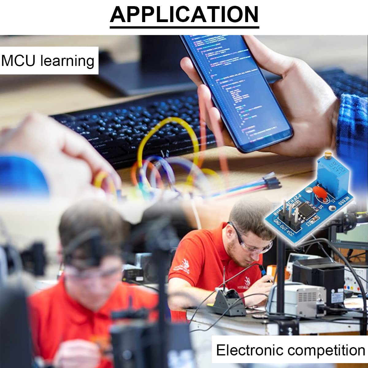 A collage showing various applications of the NE555 Pulse Generator Module, including MCU learning (person typing on a keyboard with code on screen) and electronic competition (students working on electronics).