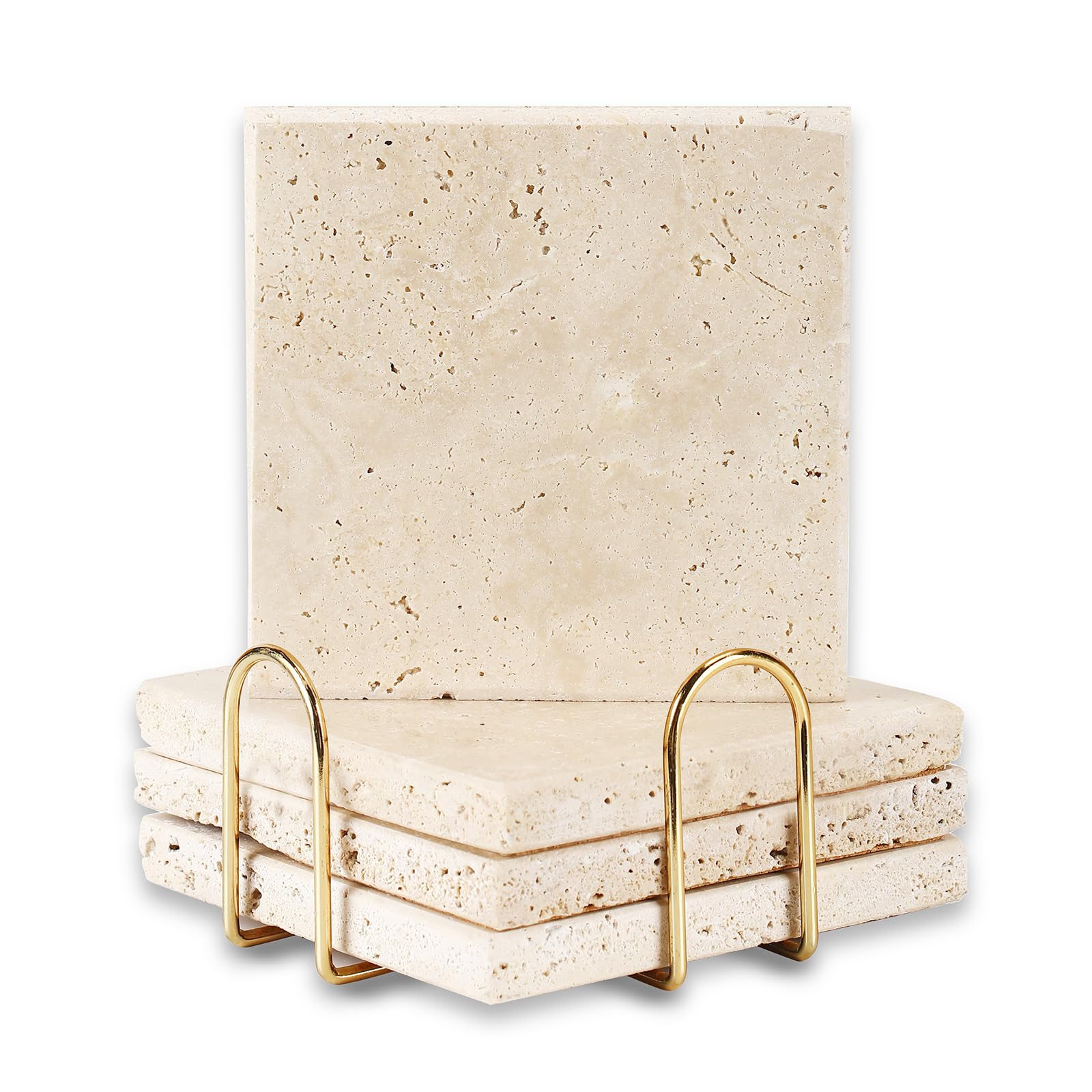 4pcs 4" Travertine Marble Coasters for Drinks Natural Coasters Set,Square of Stone Drink with Gold Cup Holder,Non Slip Cork Backing,Protect Tables