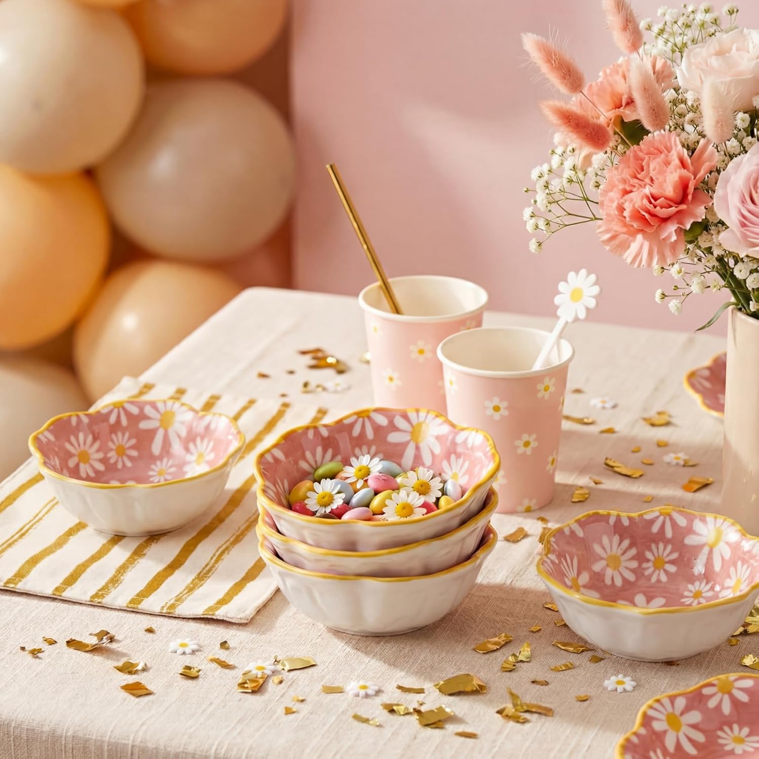 SiliFine 24 Pcs Daisy Party Favors for Guests Small Ceramic Bowl Bulk Gifts Set 3.3 Inch Floral Design Mini Dipping Sauce Dish with Card Box for Bridal Pooja Baby Shower Birthday Guest Gift