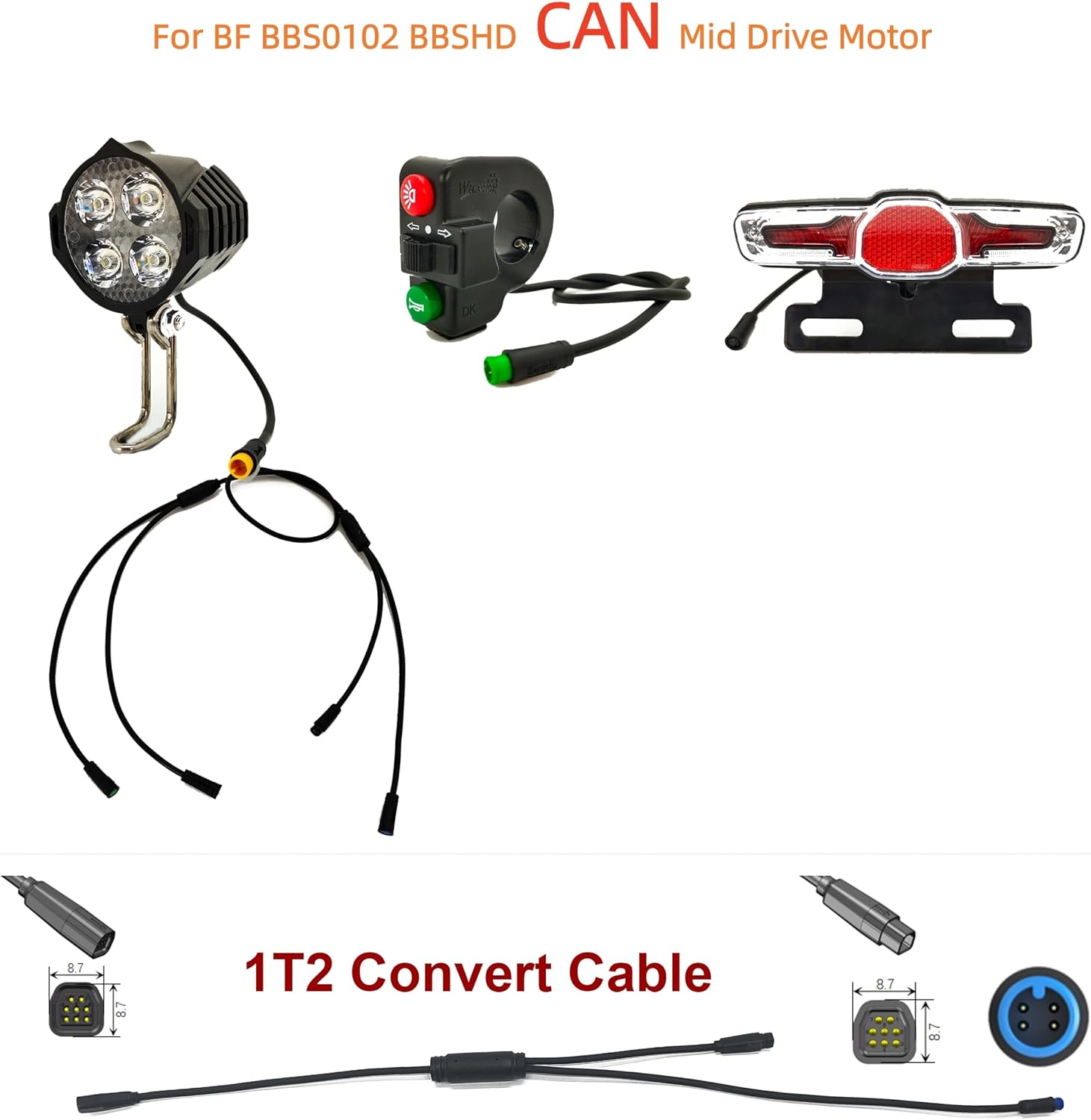 Ebike Waterproof Front and Rear Light Sets, Switch, Cable for Bafang BBSHD BBS01B BBS02B CAN or UART Mid Drive Motor