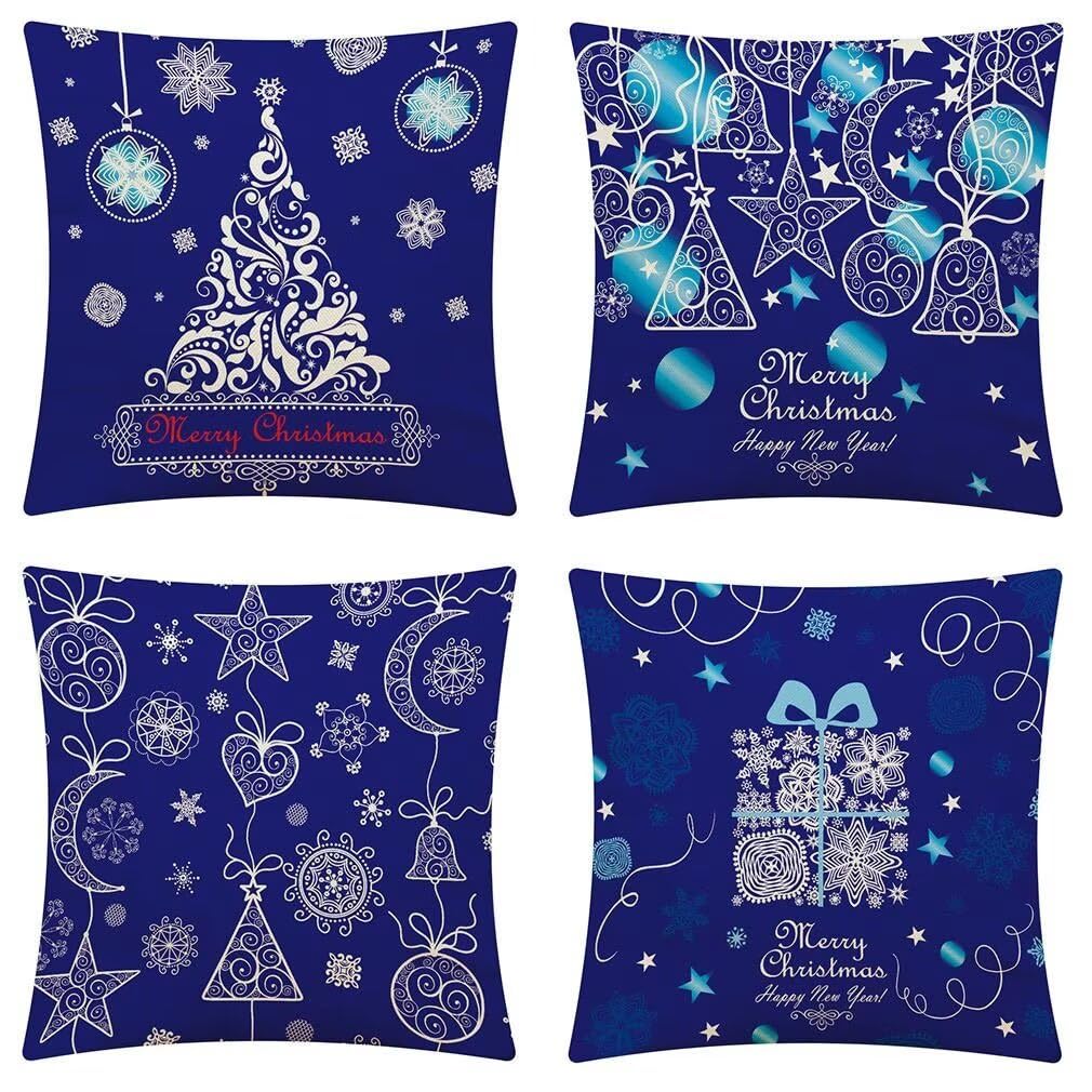 Fundas de Cojín El Blues navideño 60x60cm Poliéster Lino Primavera Verano Cojines Decorativos para Sofá Cama Hogar Juego de 4 para Patio al Aire Libre, Jardín, Sala de Estar Decor h-386