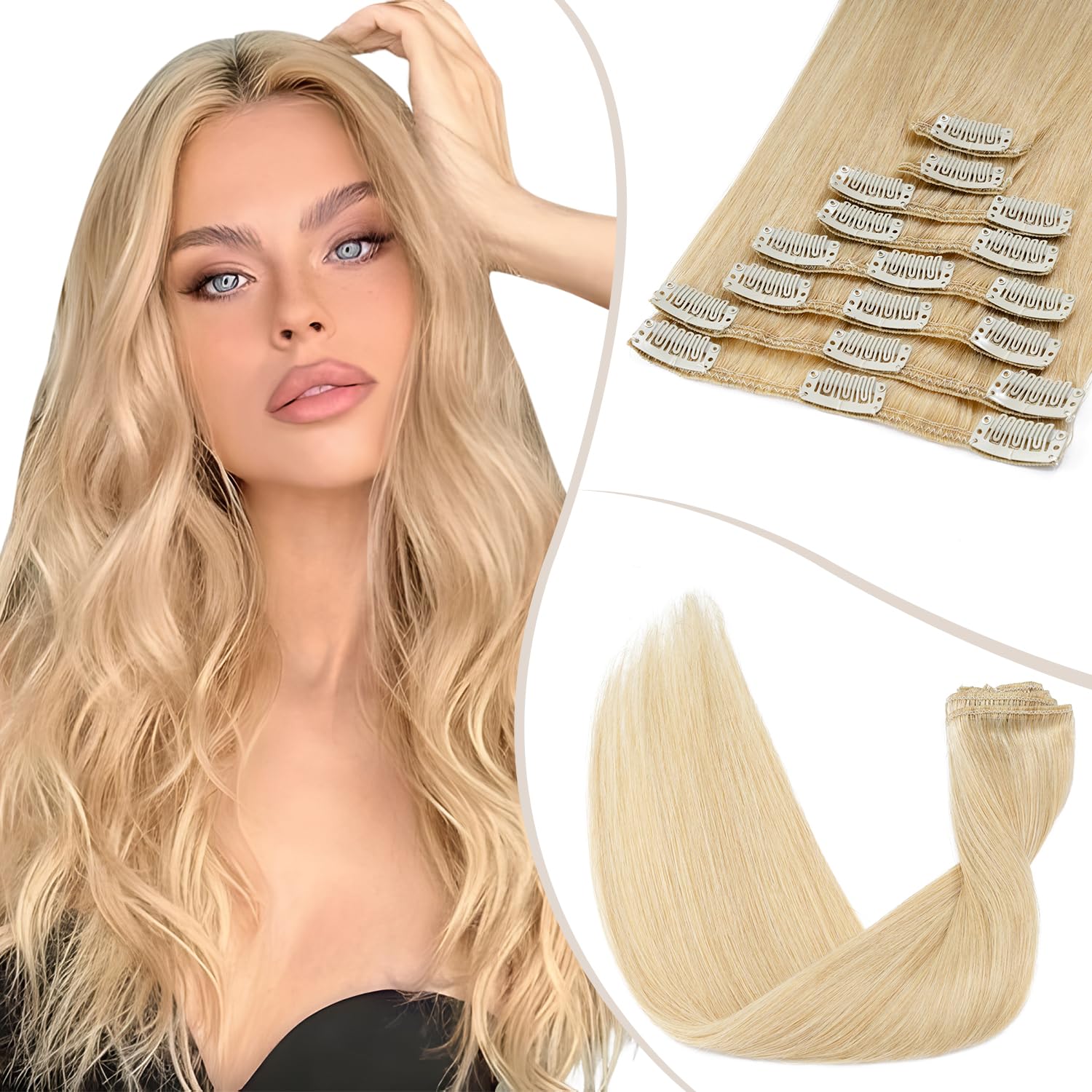 TESS Clip in Hair Extensions Real Human Hair Blonde Remy Seamless 8 Pieces Straight for Women/Girls (#24 Natural Blonde, 12 Inch 55g)