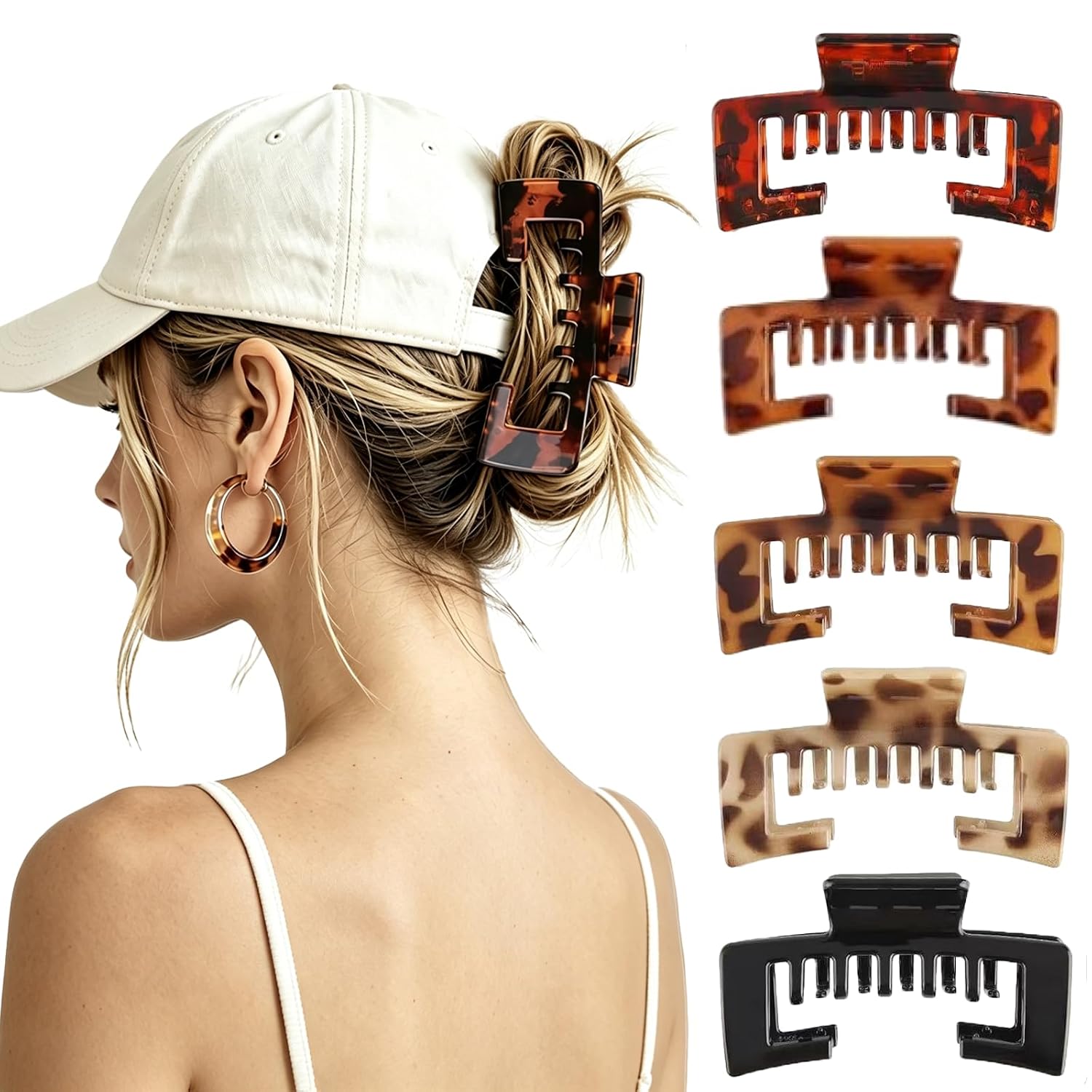 5 PCS Hair Claw Clips, Hat Clip for Baseball Caps & Trucker Headwear, Innovative Hollow Design for Thick Thin Hairstyles, Large Non-Slip Women’s Accessory, Travel Sport Gifts(Mixed Color)