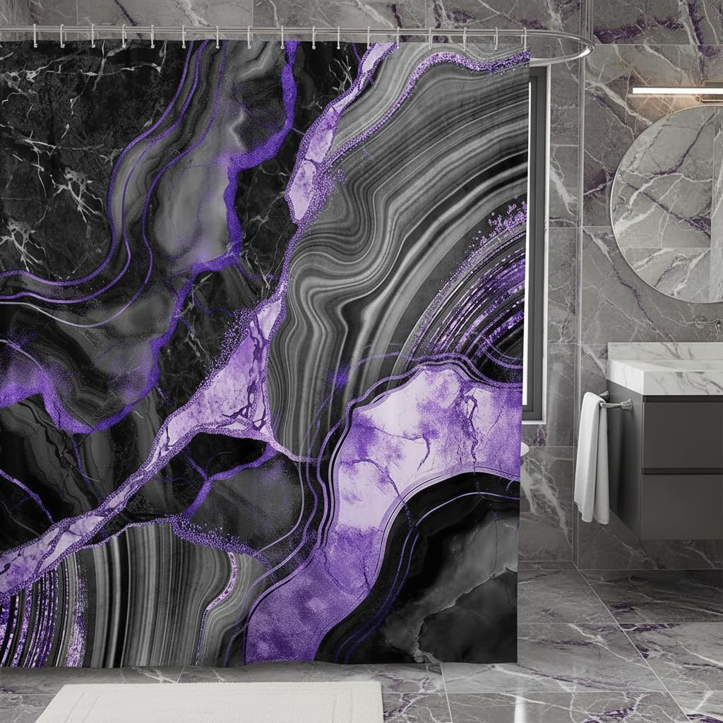 Black Grey Marble Shower Curtain 72"Wx72"L, Purple Marbling Crack Bathroom Shower Curtain Sets, Abstract Metallic Texture Fabric Shower Curtain, Gray Geometric Boho Hippie Fluid Bath Curtain