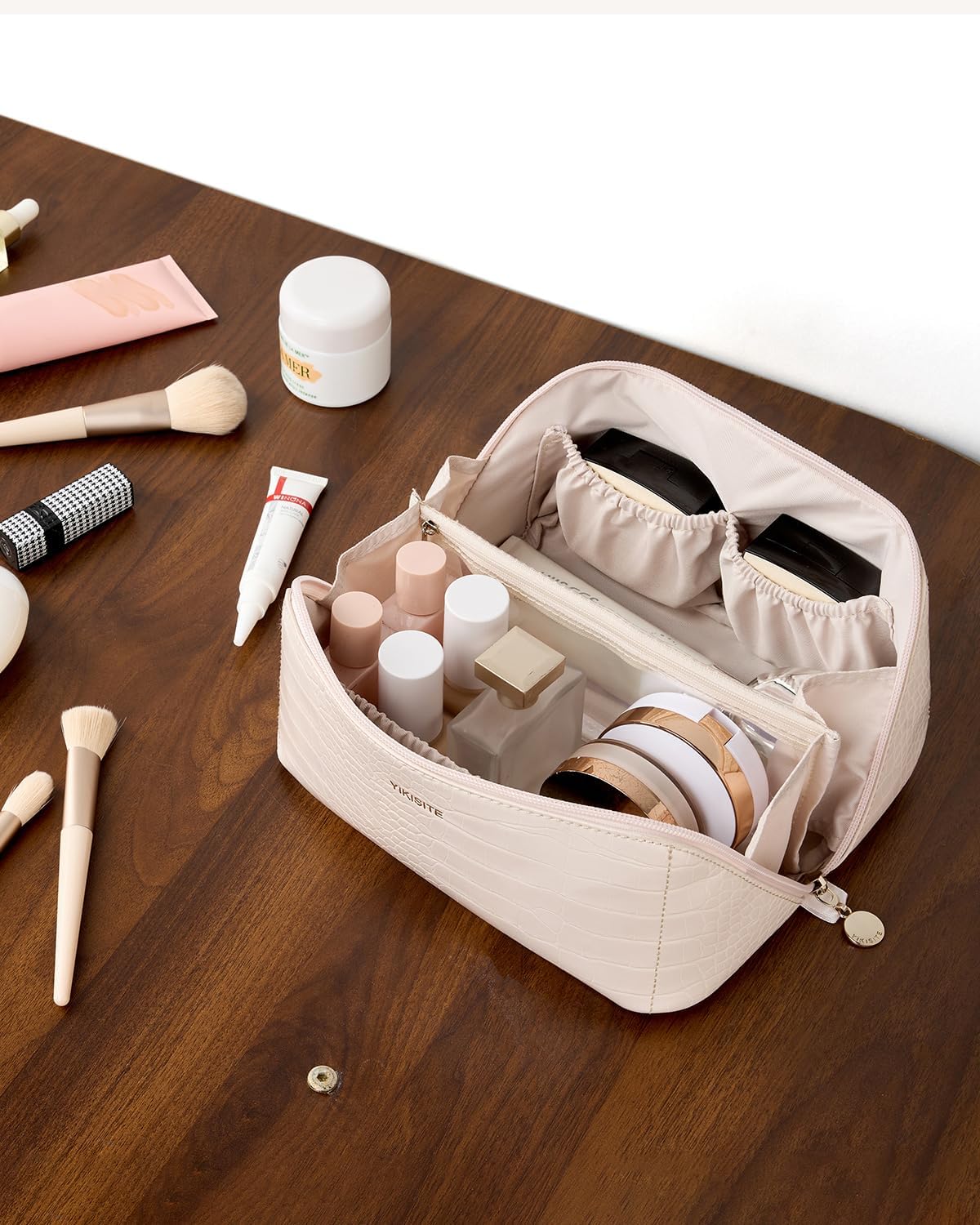 Make Up Bag, Cosmetic Organizer for Women, Waterproof Croc PU Leather Makeup Organizer with Divider and Handle Toiletry Bag Travel Bag(Croc Embossed, White) - Image 9