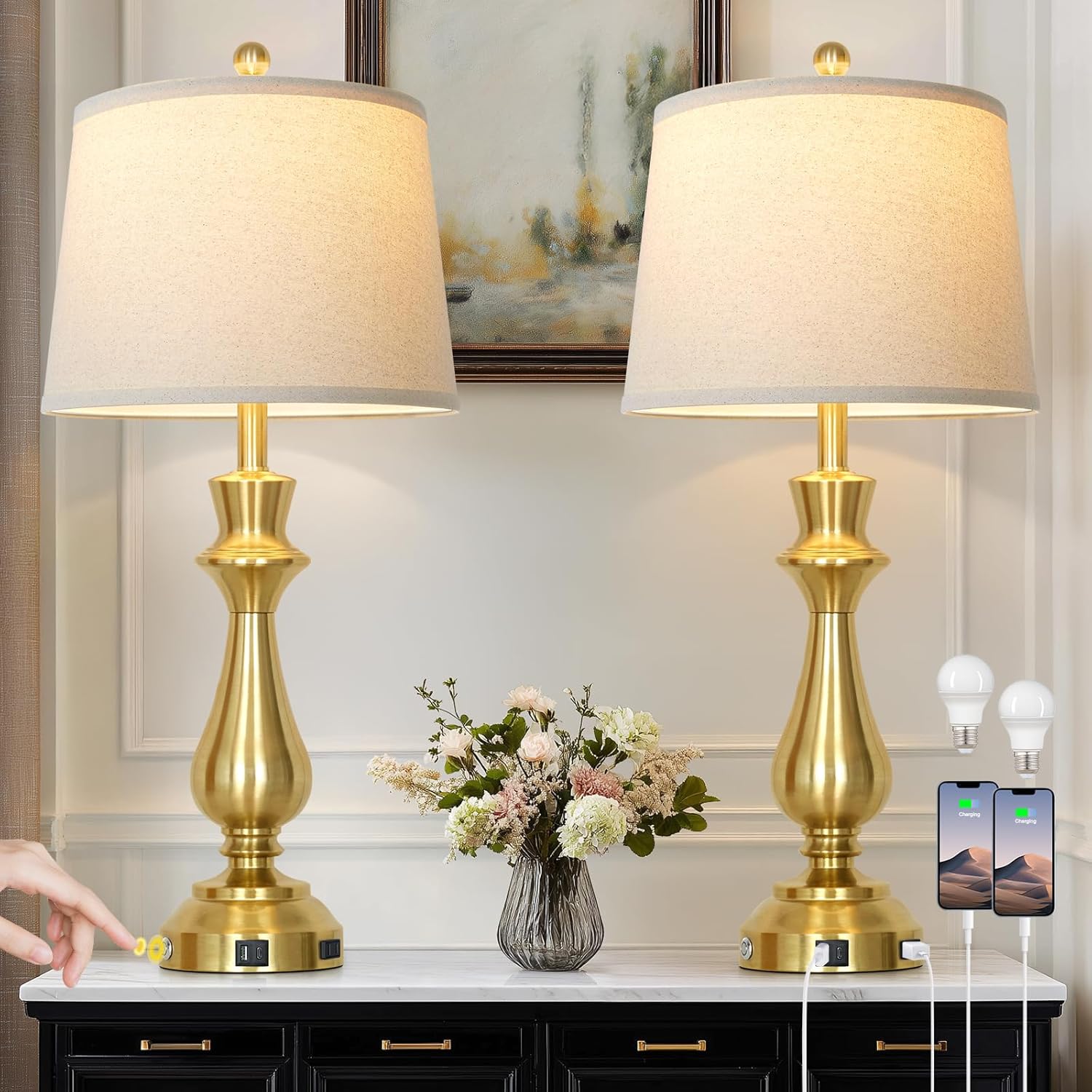 Touch Lamps for Night Stands Set of 2-29.5" Tall Bedside Lamp with USB C+A, 3 Way Dimmable Bedroom Lamps, Gold Metal Table Lamps for Living Room